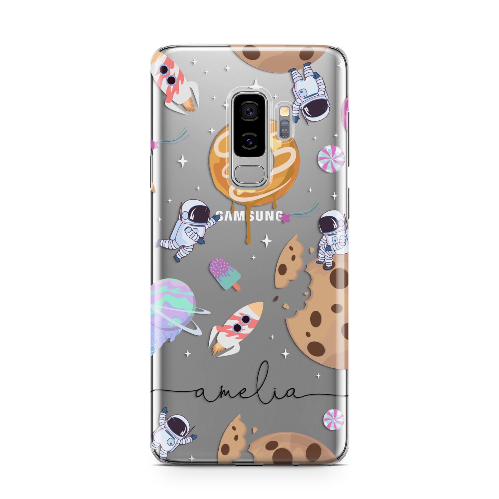 Candyland Galaxy Clear Personalised Samsung Galaxy S9 Plus Case on Silver phone