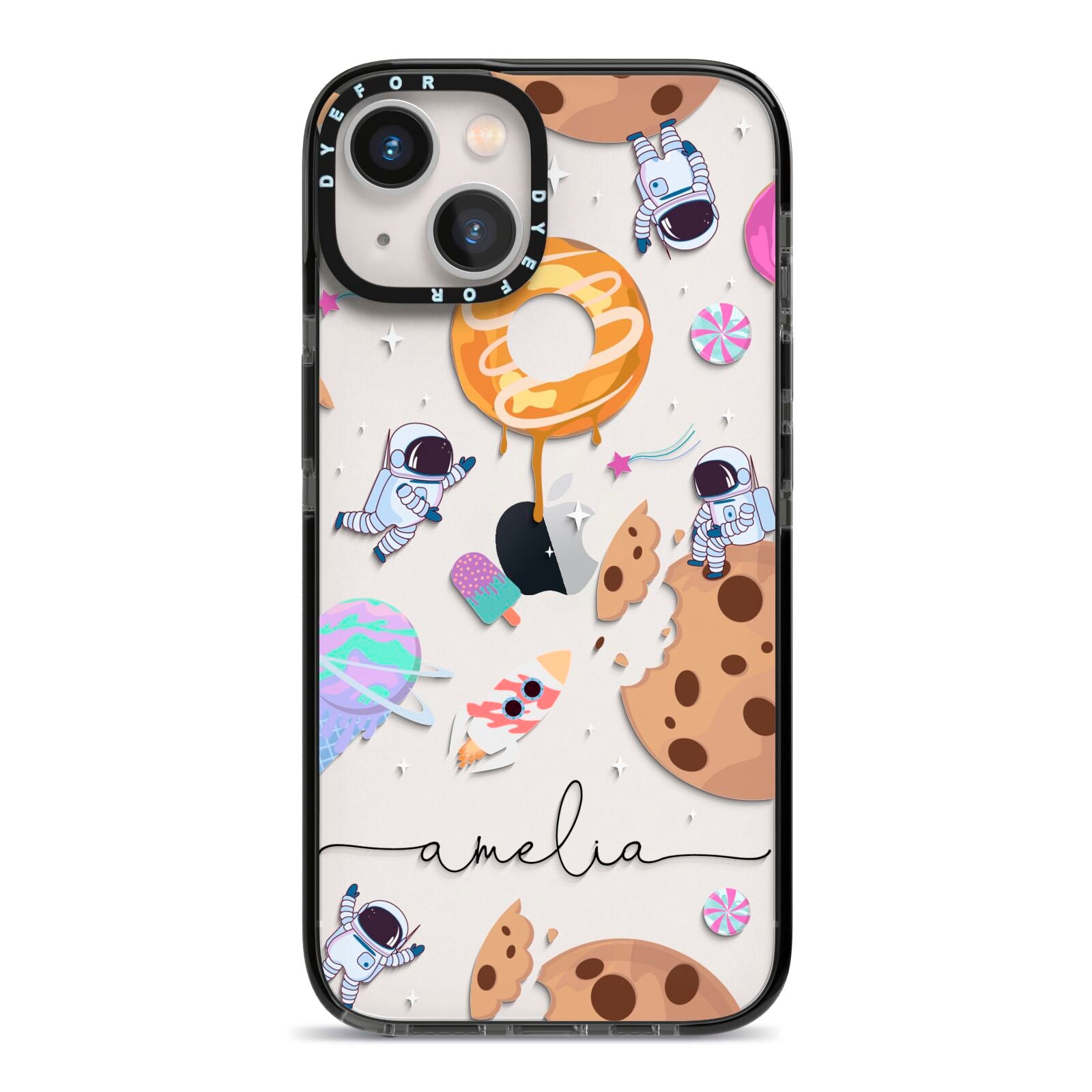 Candyland Galaxy Clear Personalised iPhone 13 Black Impact Case on Silver phone