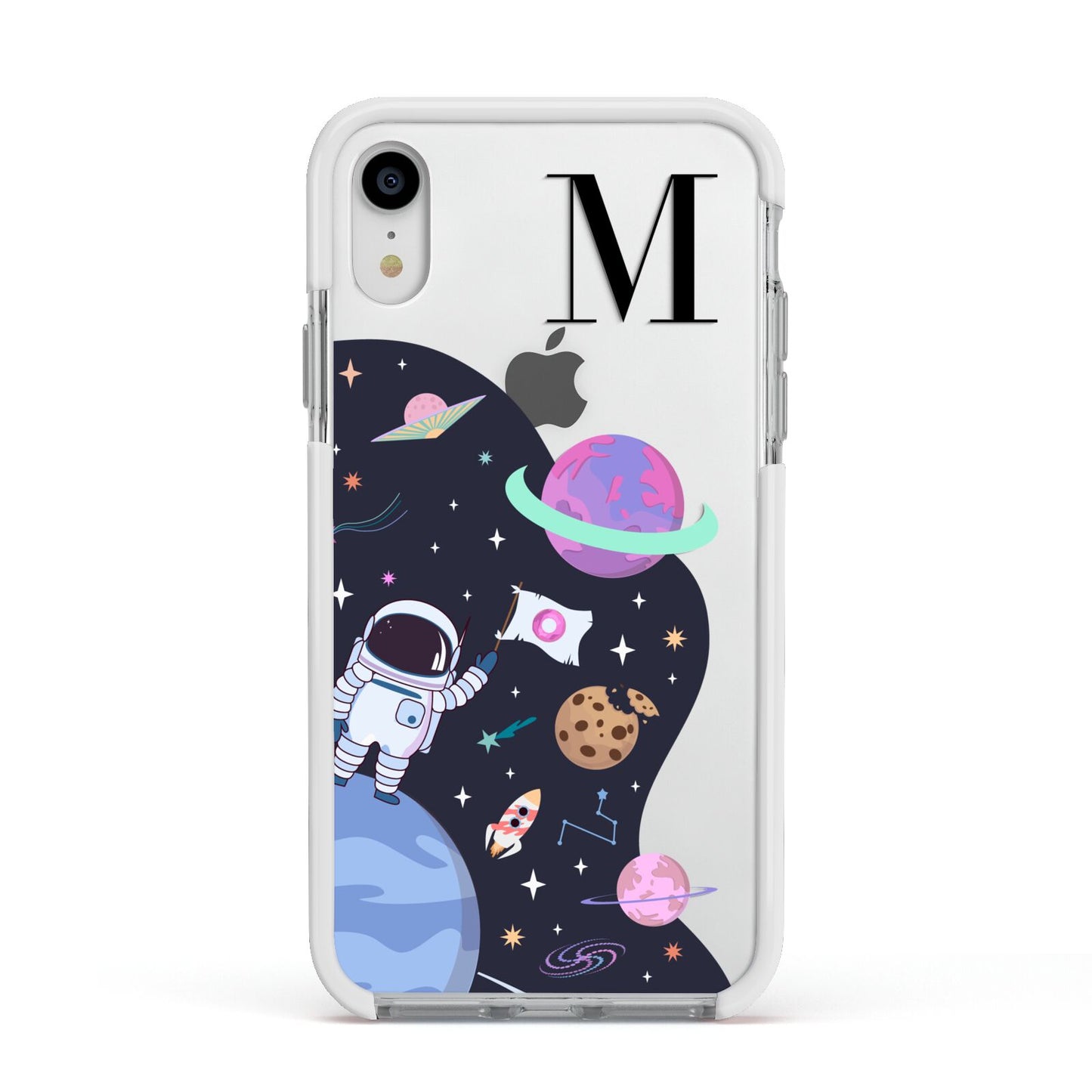 Candyland Galaxy Custom Initial Apple iPhone XR Impact Case White Edge on Silver Phone