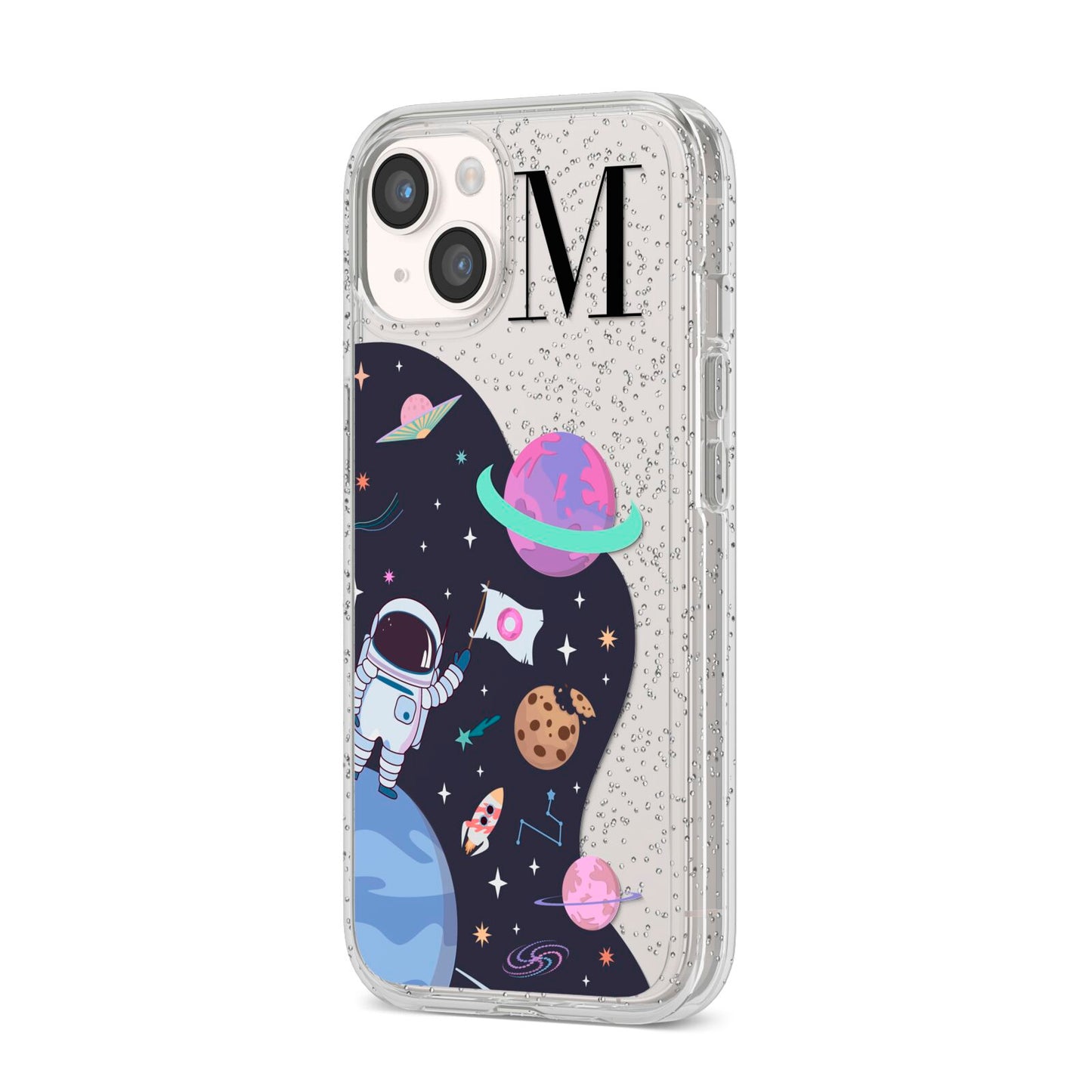 Candyland Galaxy Custom Initial iPhone 14 Glitter Tough Case Starlight Angled Image