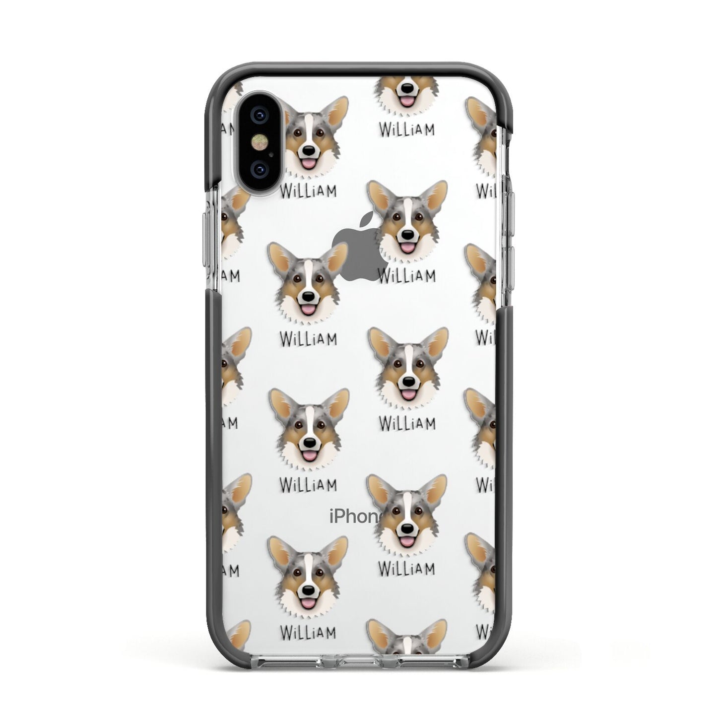 Cardigan Welsh Corgi Icon with Name Apple iPhone Xs Impact Case Black Edge on Silver Phone