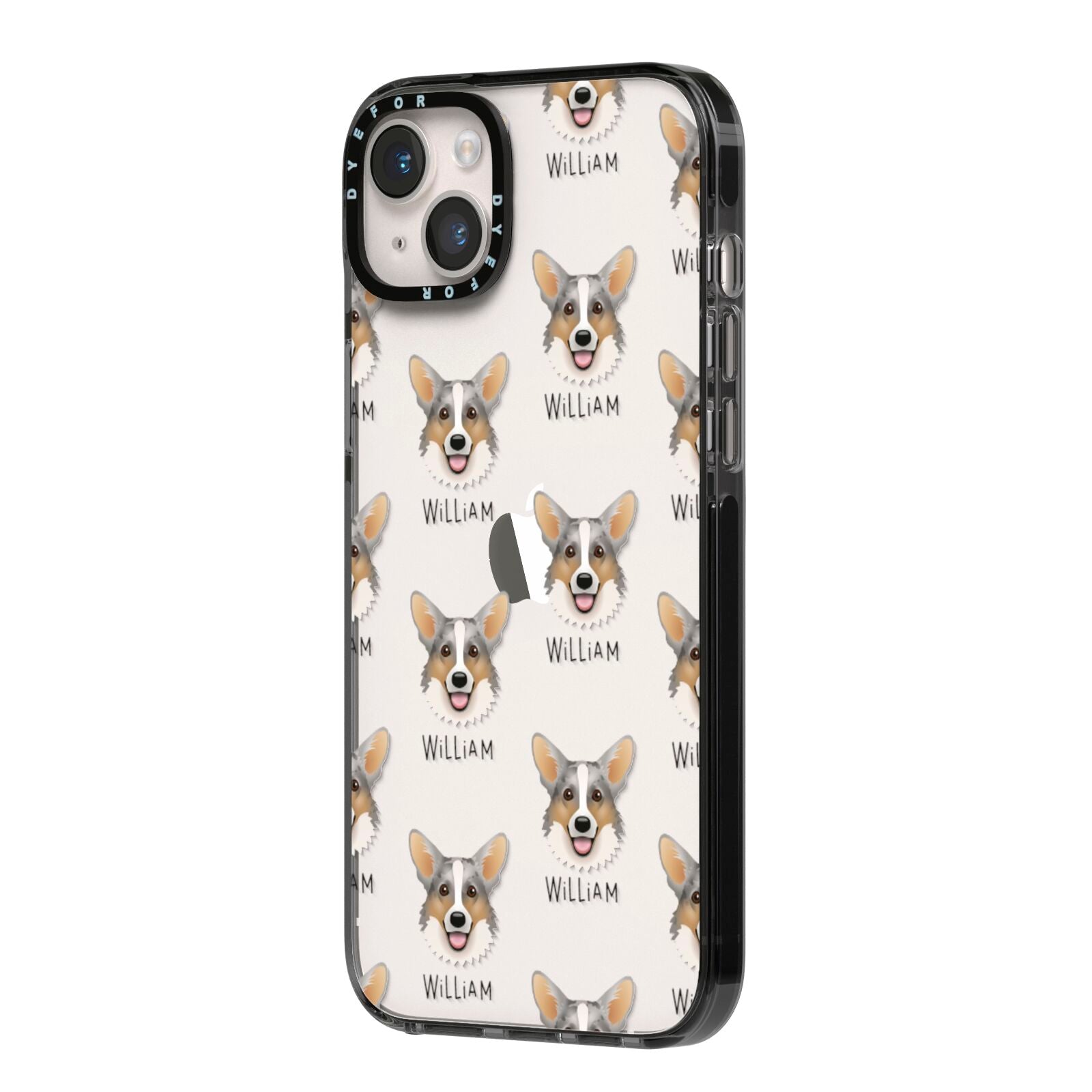 Cardigan Welsh Corgi Icon with Name iPhone 14 Plus Black Impact Case Side Angle on Silver phone