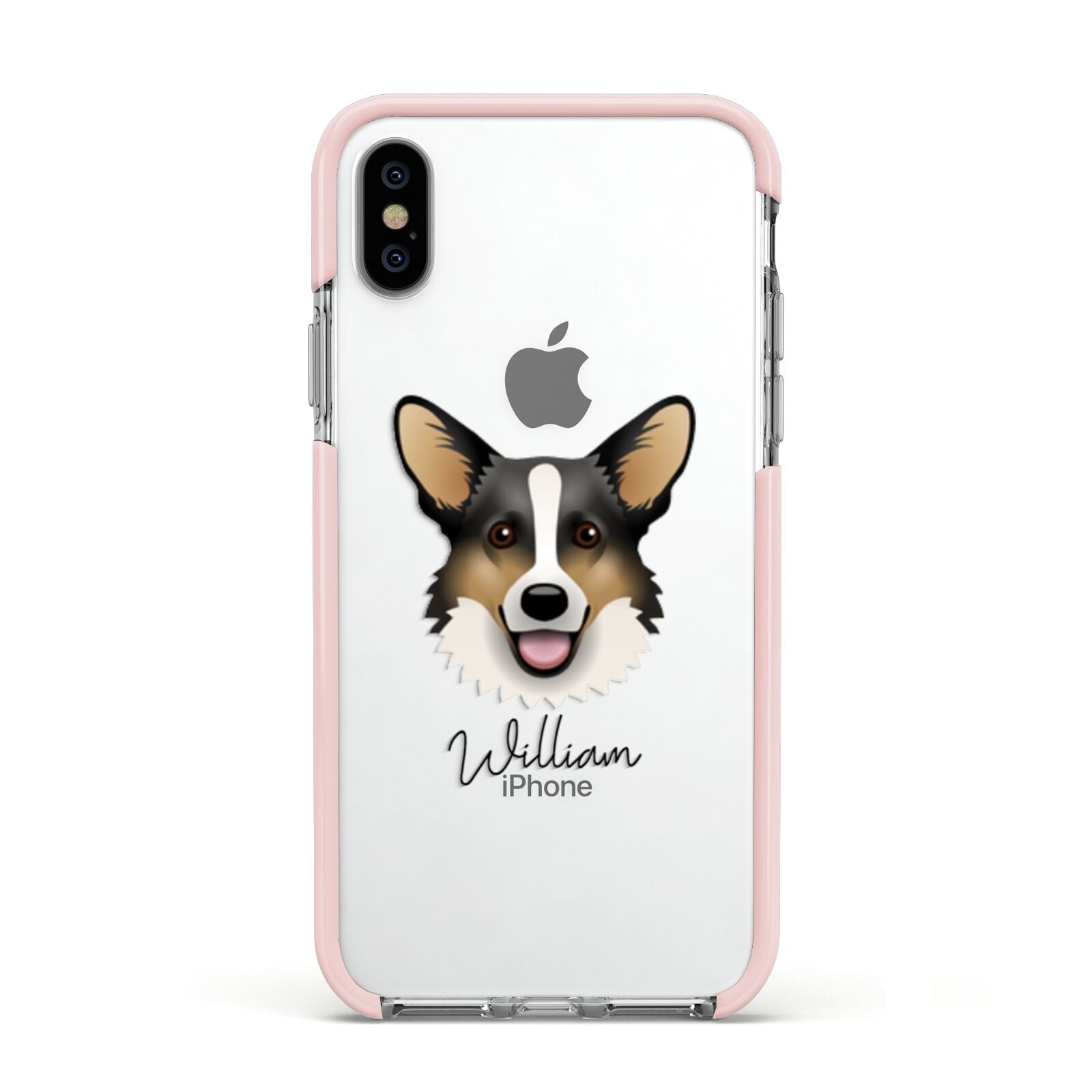 Cardigan Welsh Corgi Personalised Apple iPhone Xs Impact Case Pink Edge on Silver Phone