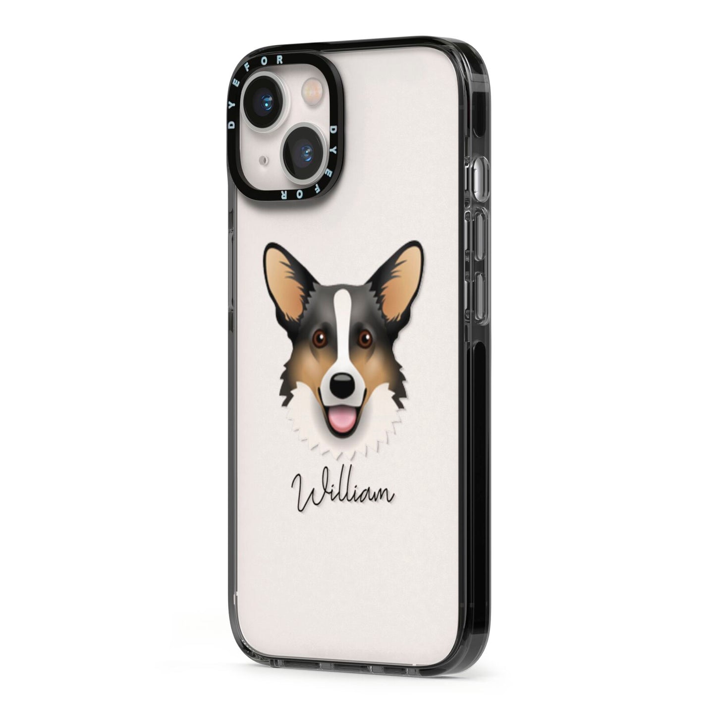 Cardigan Welsh Corgi Personalised iPhone 13 Black Impact Case Side Angle on Silver phone