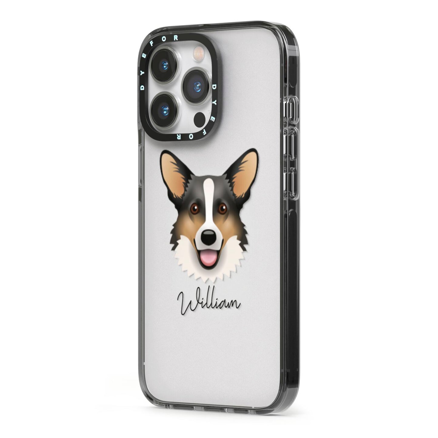 Cardigan Welsh Corgi Personalised iPhone 13 Pro Black Impact Case Side Angle on Silver phone