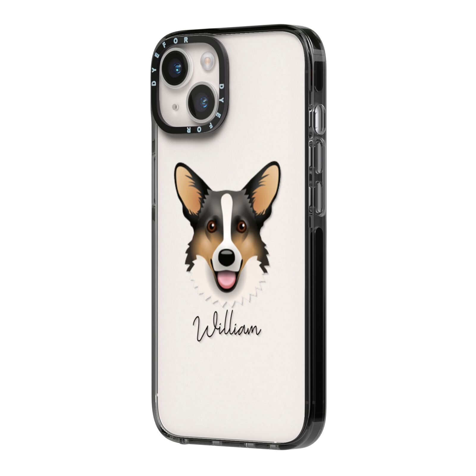 Cardigan Welsh Corgi Personalised iPhone 14 Black Impact Case Side Angle on Silver phone