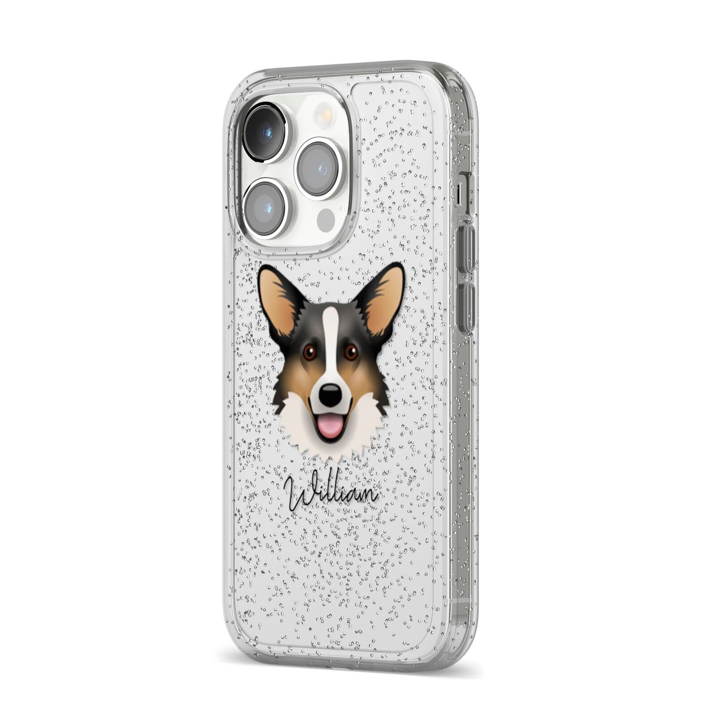 Cardigan Welsh Corgi Personalised iPhone 14 Pro Glitter Tough Case Silver Angled Image