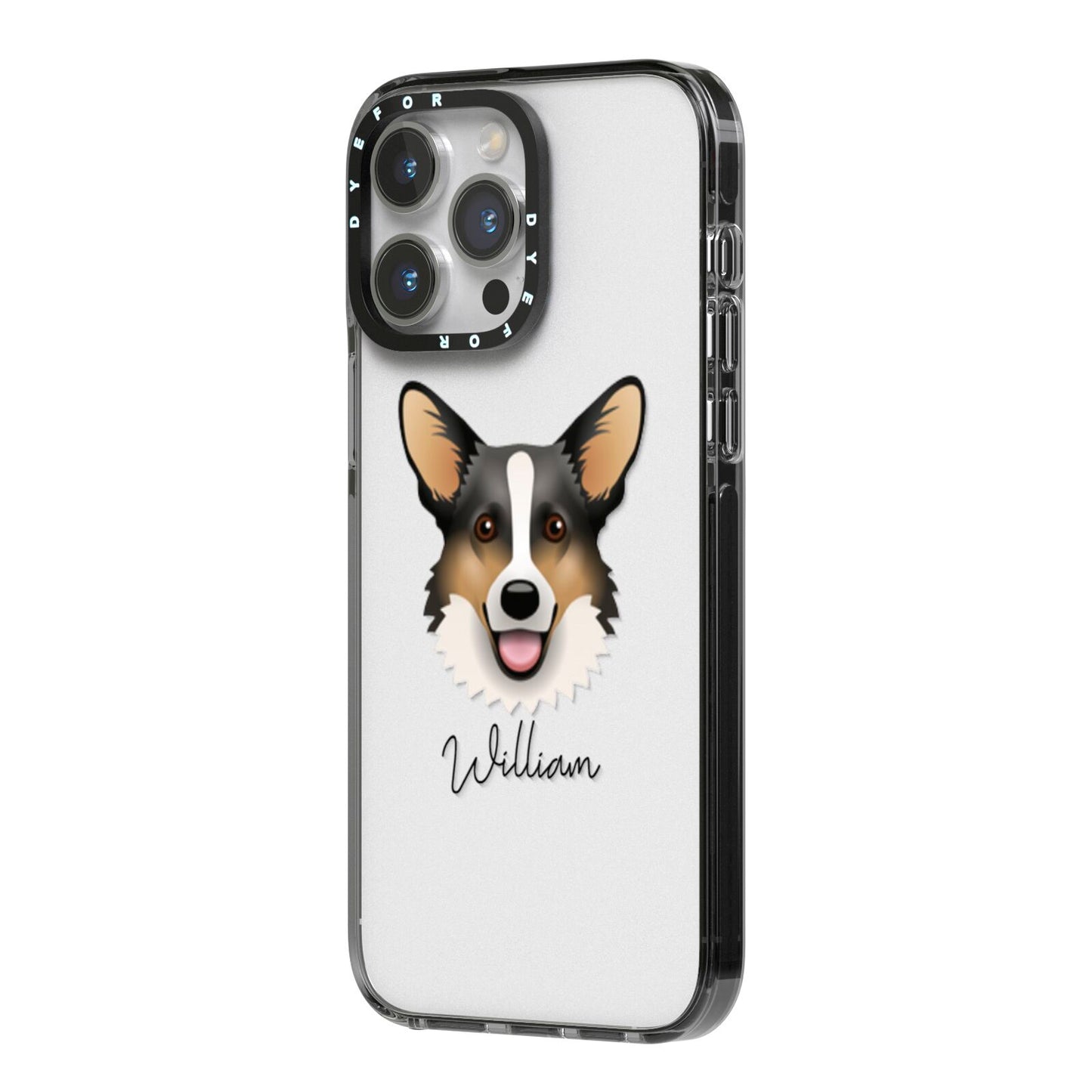 Cardigan Welsh Corgi Personalised iPhone 14 Pro Max Black Impact Case Side Angle on Silver phone