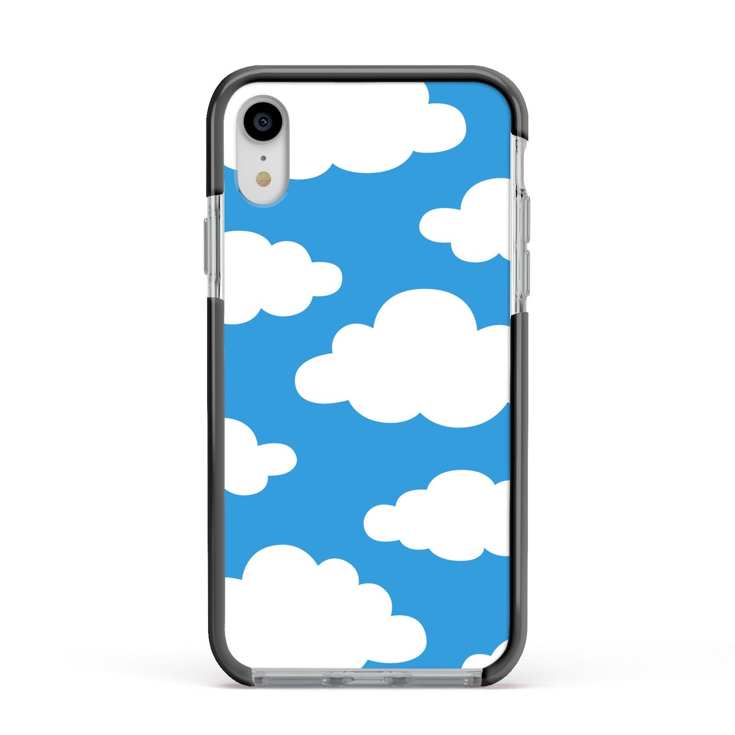 Cartoon Clouds and Blue Sky Apple iPhone XR Impact Case Black Edge on Silver Phone