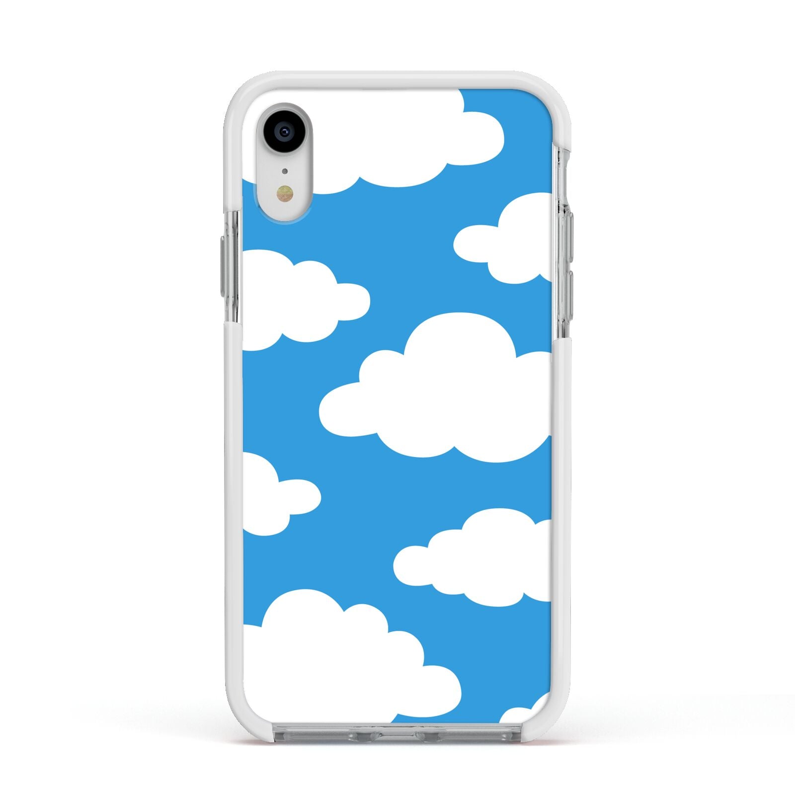 Cartoon Clouds and Blue Sky Apple iPhone XR Impact Case White Edge on Silver Phone