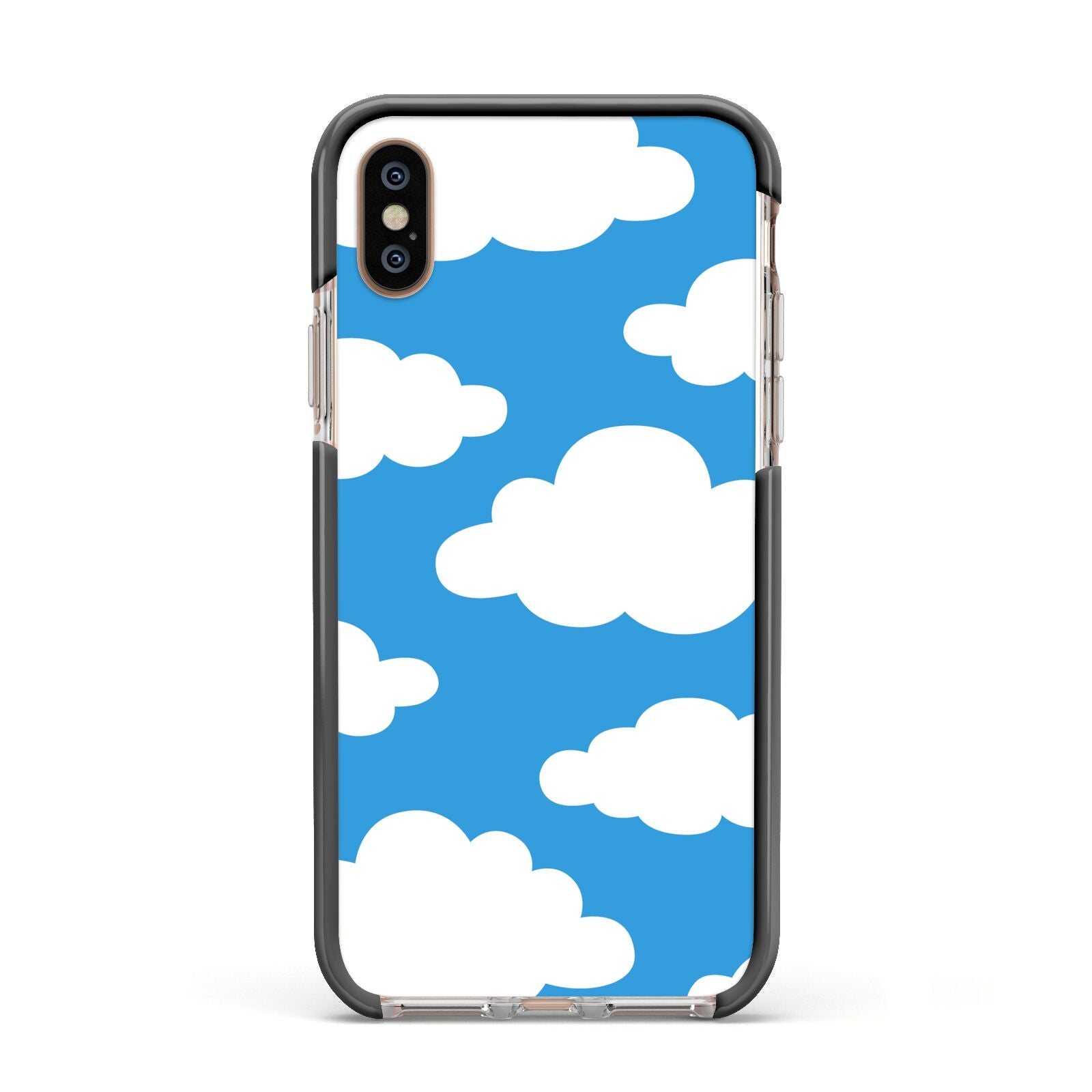 Cartoon Clouds and Blue Sky Apple iPhone Xs Impact Case Black Edge on Gold Phone