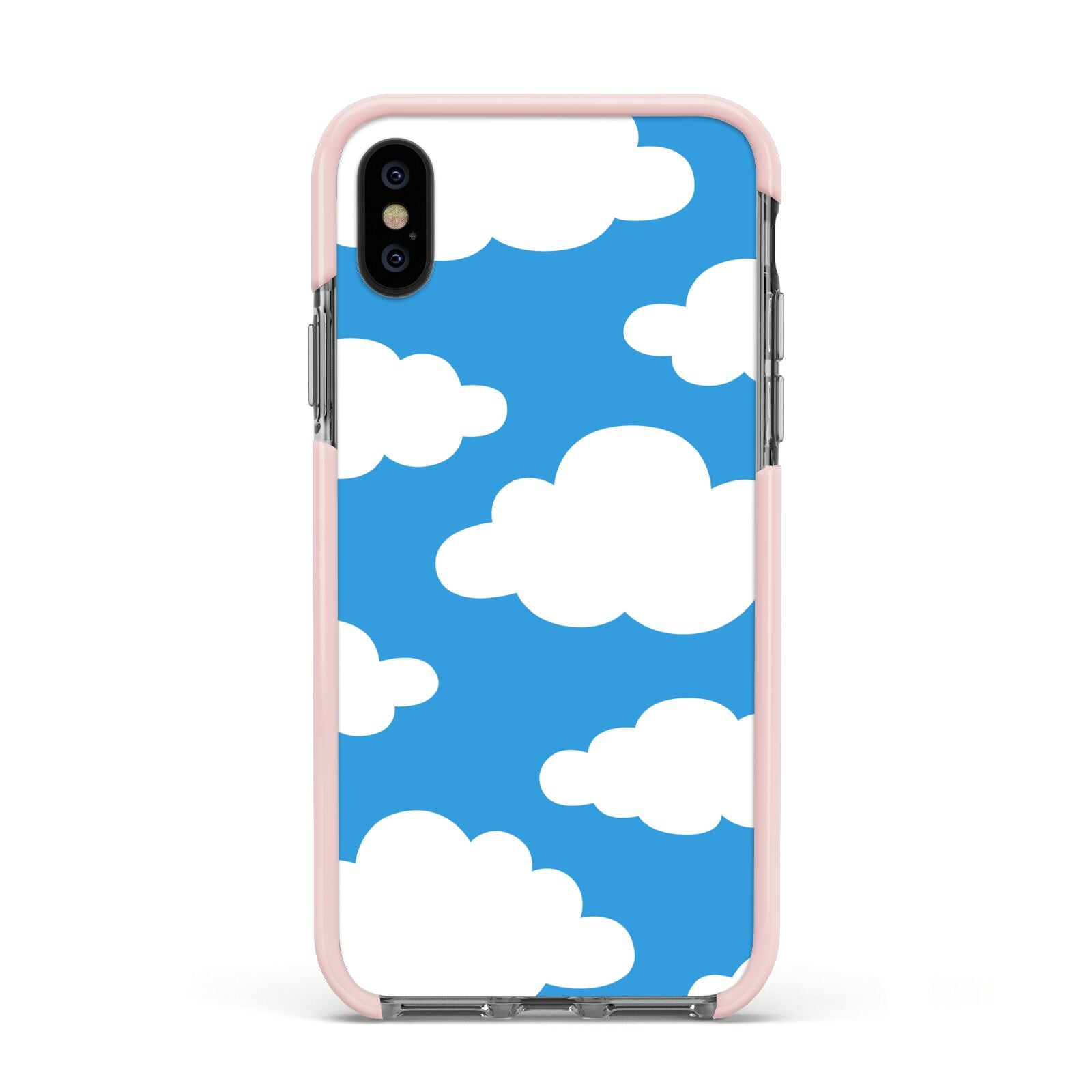 Cartoon Clouds and Blue Sky Apple iPhone Xs Impact Case Pink Edge on Black Phone