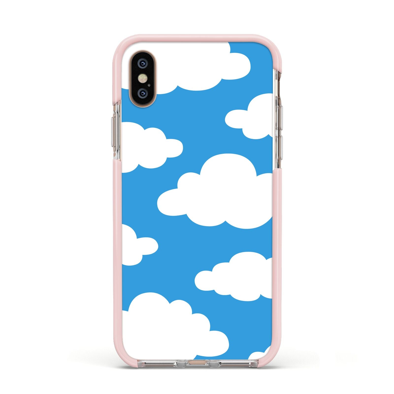 Cartoon Clouds and Blue Sky Apple iPhone Xs Impact Case Pink Edge on Gold Phone