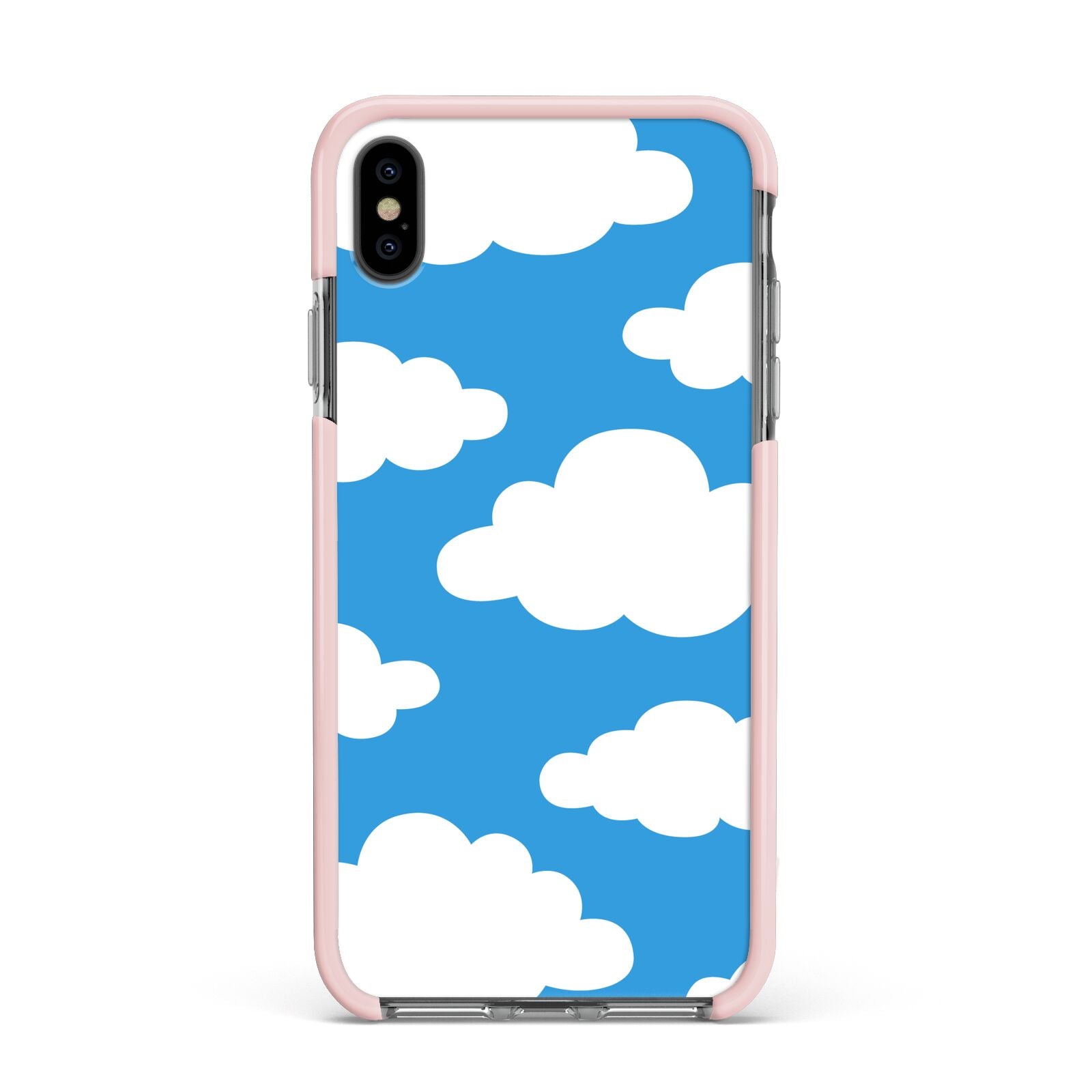 Cartoon Clouds and Blue Sky Apple iPhone Xs Max Impact Case Pink Edge on Black Phone