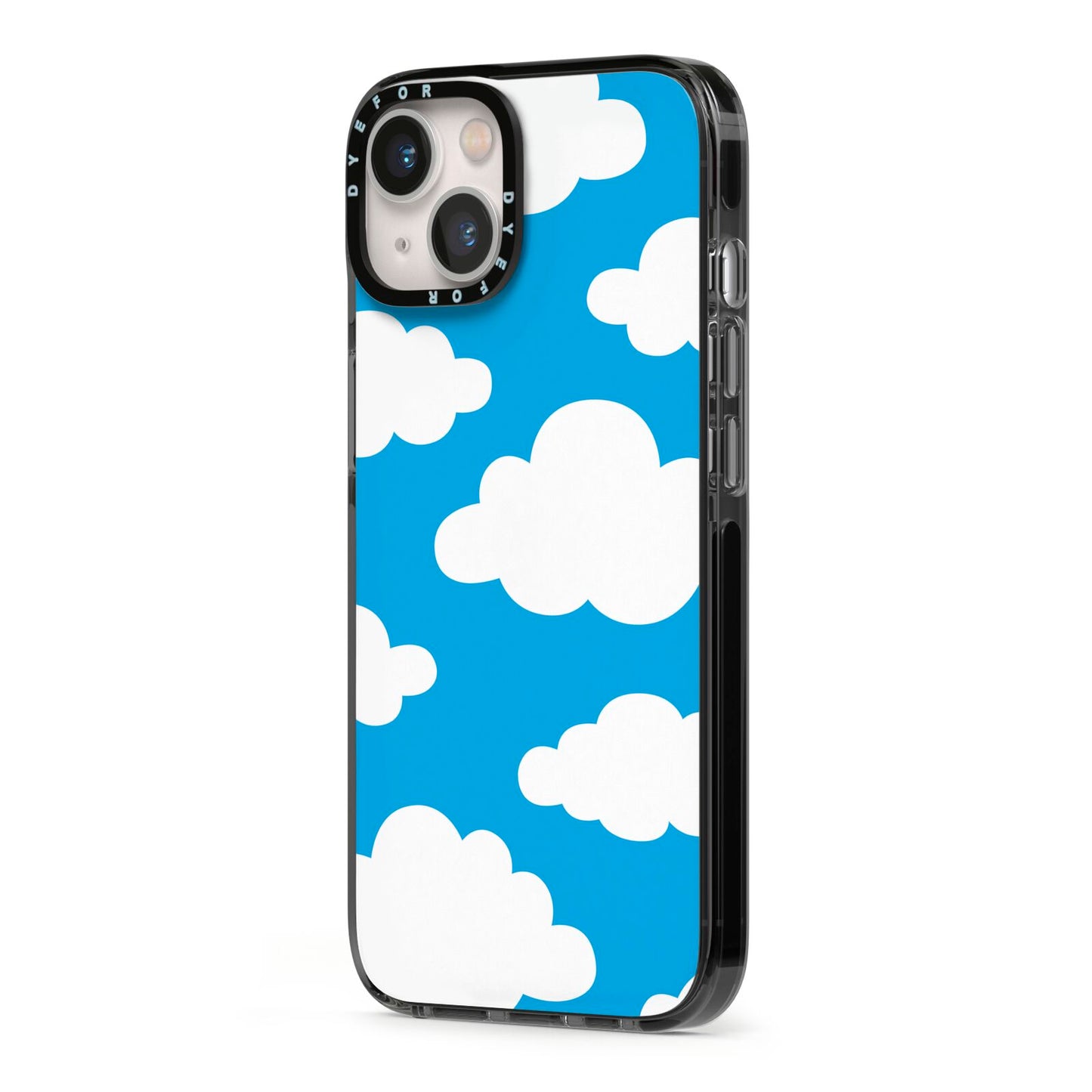 Cartoon Clouds and Blue Sky iPhone 13 Black Impact Case Side Angle on Silver phone