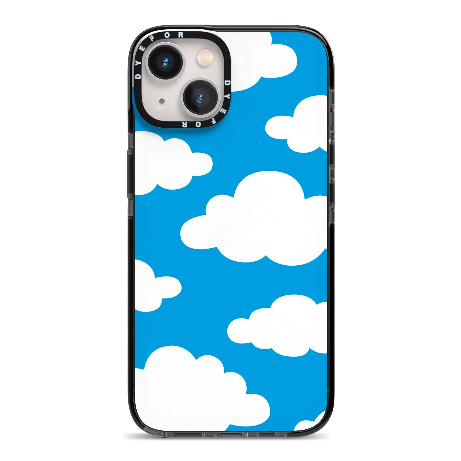 Cartoon Clouds and Blue Sky iPhone 13 Black Impact Case on Silver phone