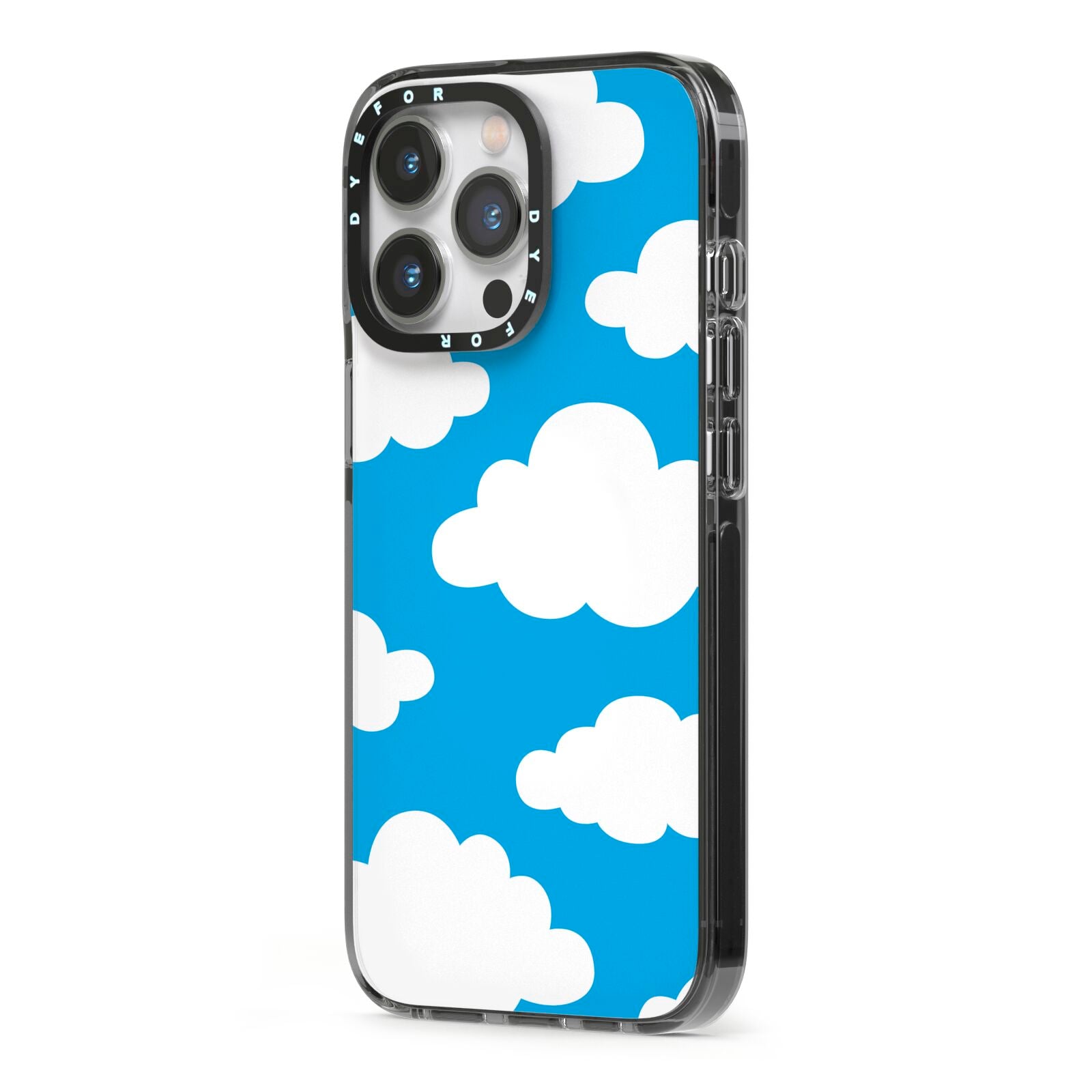 Cartoon Clouds and Blue Sky iPhone 13 Pro Black Impact Case Side Angle on Silver phone