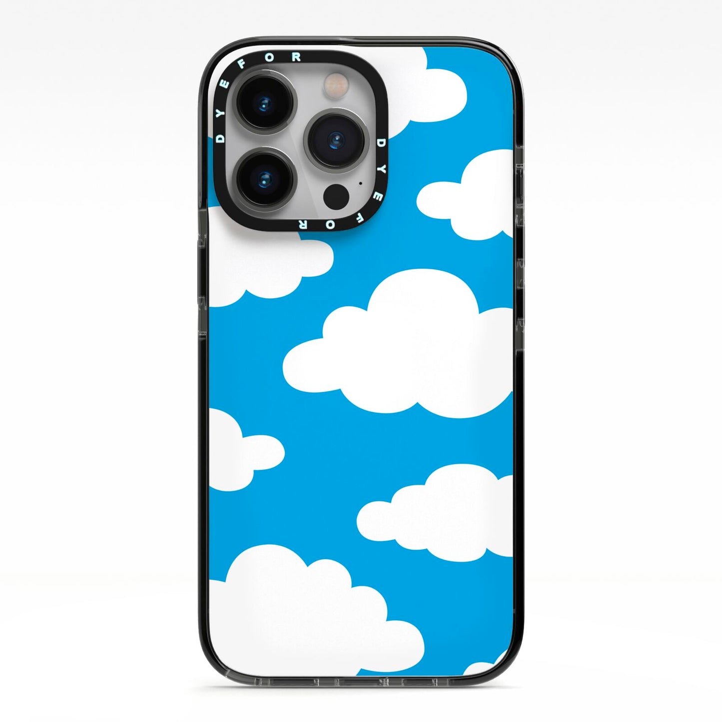 Cartoon Clouds and Blue Sky iPhone 13 Pro Black Impact Case on Silver phone