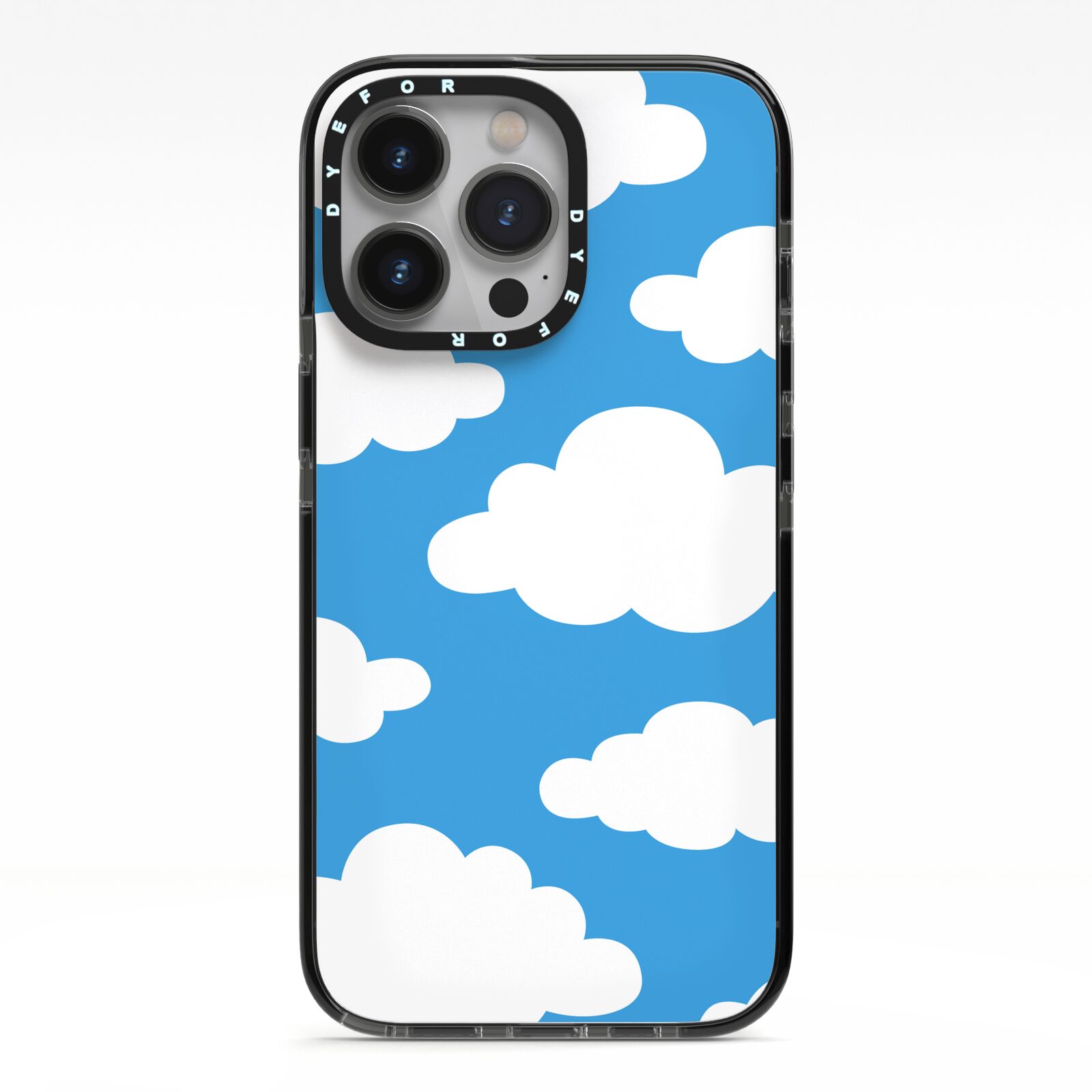 Cartoon Clouds and Blue Sky iPhone 13 Pro Black Impact Case on Silver phone