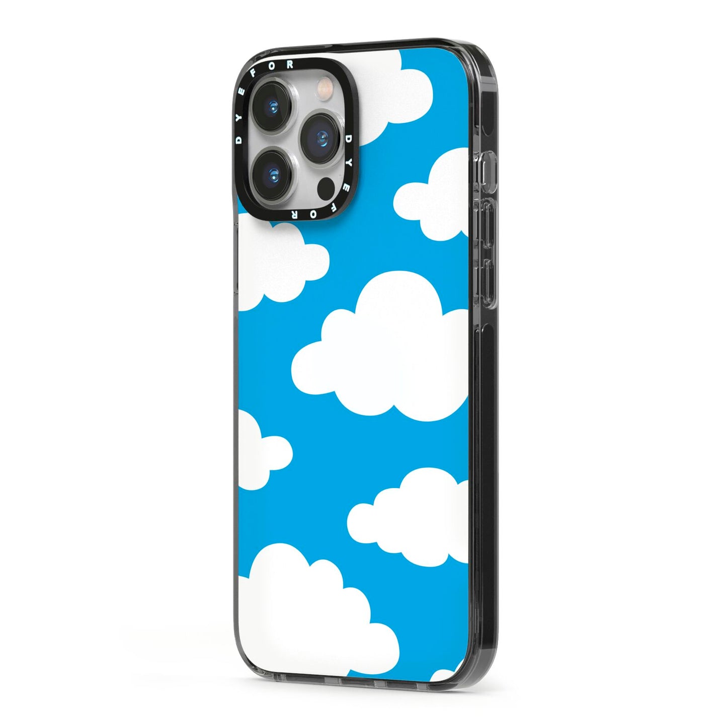 Cartoon Clouds and Blue Sky iPhone 13 Pro Max Black Impact Case Side Angle on Silver phone