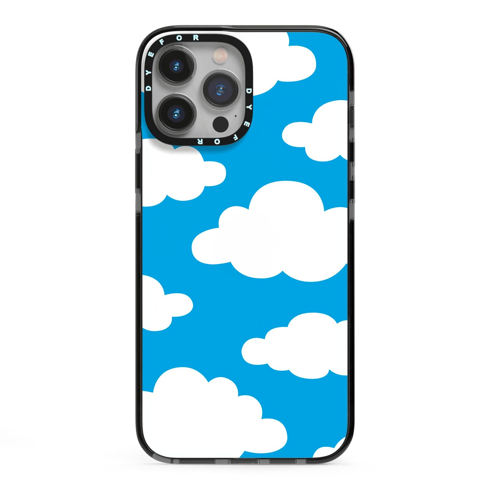 Cartoon Clouds and Blue Sky iPhone 13 Pro Max Black Impact Case on Silver phone