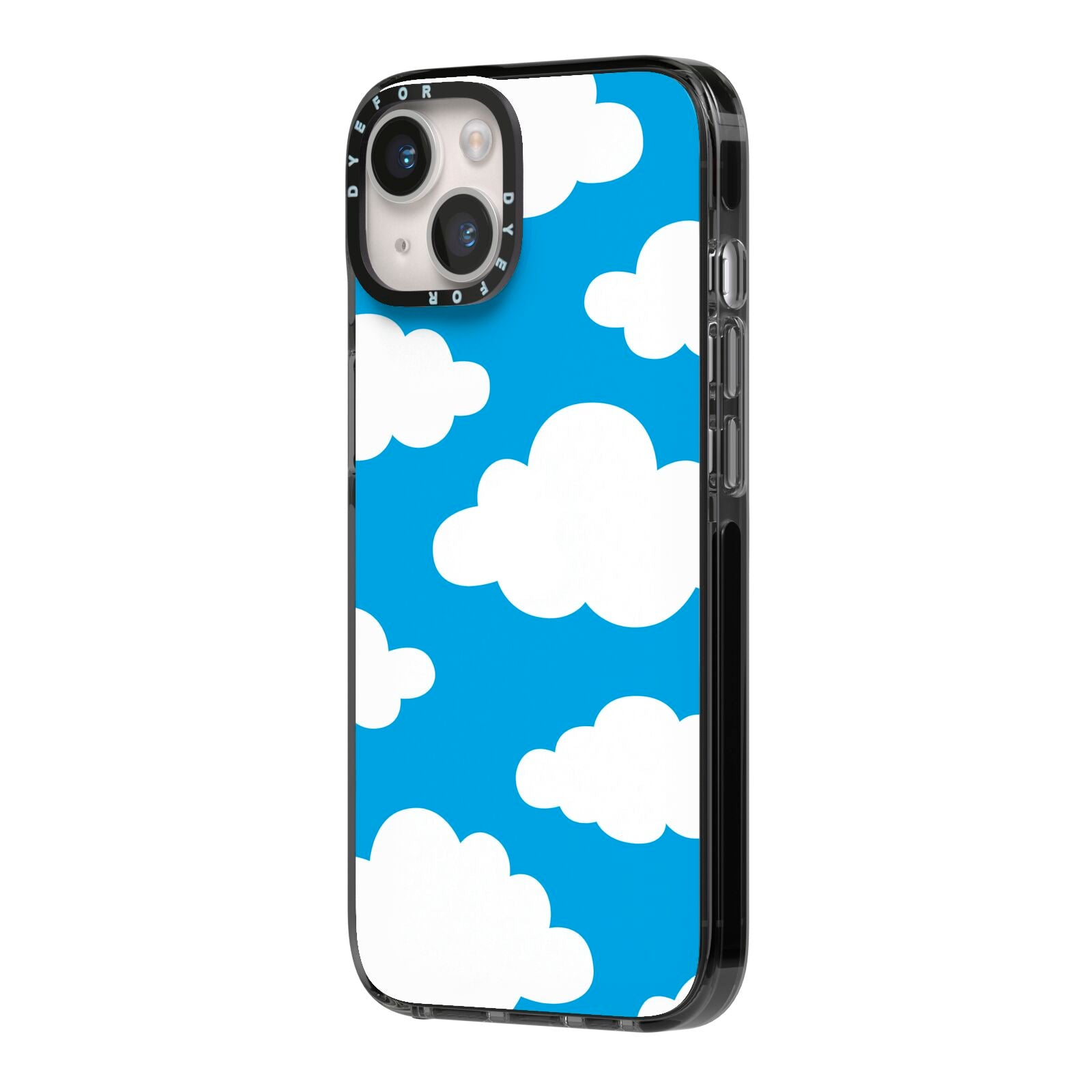 Cartoon Clouds and Blue Sky iPhone 14 Black Impact Case Side Angle on Silver phone