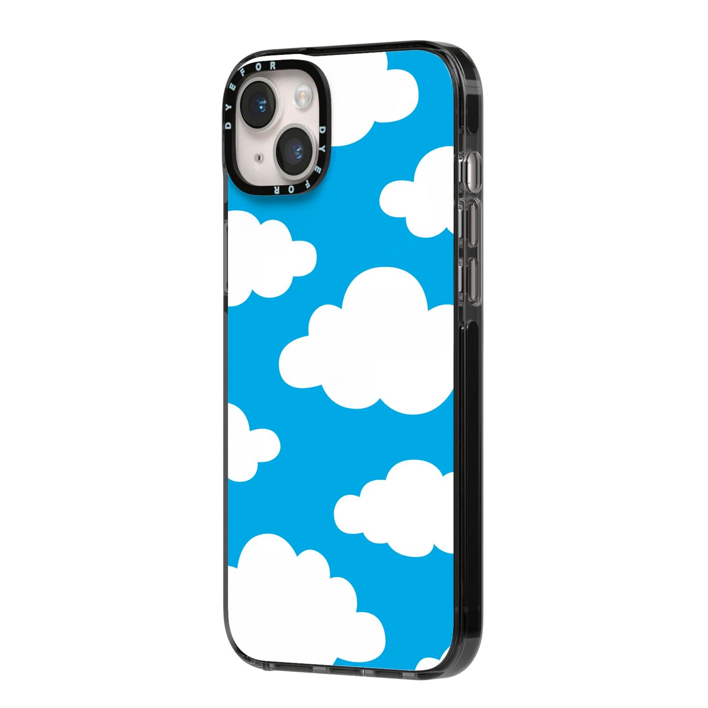 Cartoon Clouds and Blue Sky iPhone 14 Plus Black Impact Case Side Angle on Silver phone