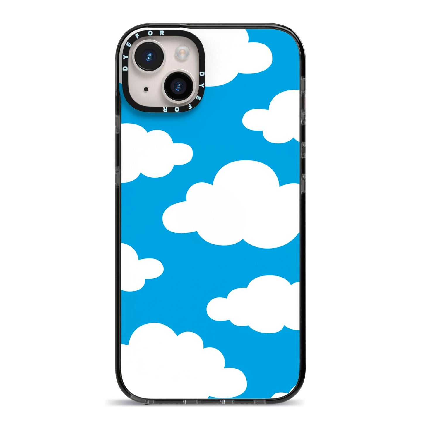 Cartoon Clouds and Blue Sky iPhone 14 Plus Black Impact Case on Silver phone