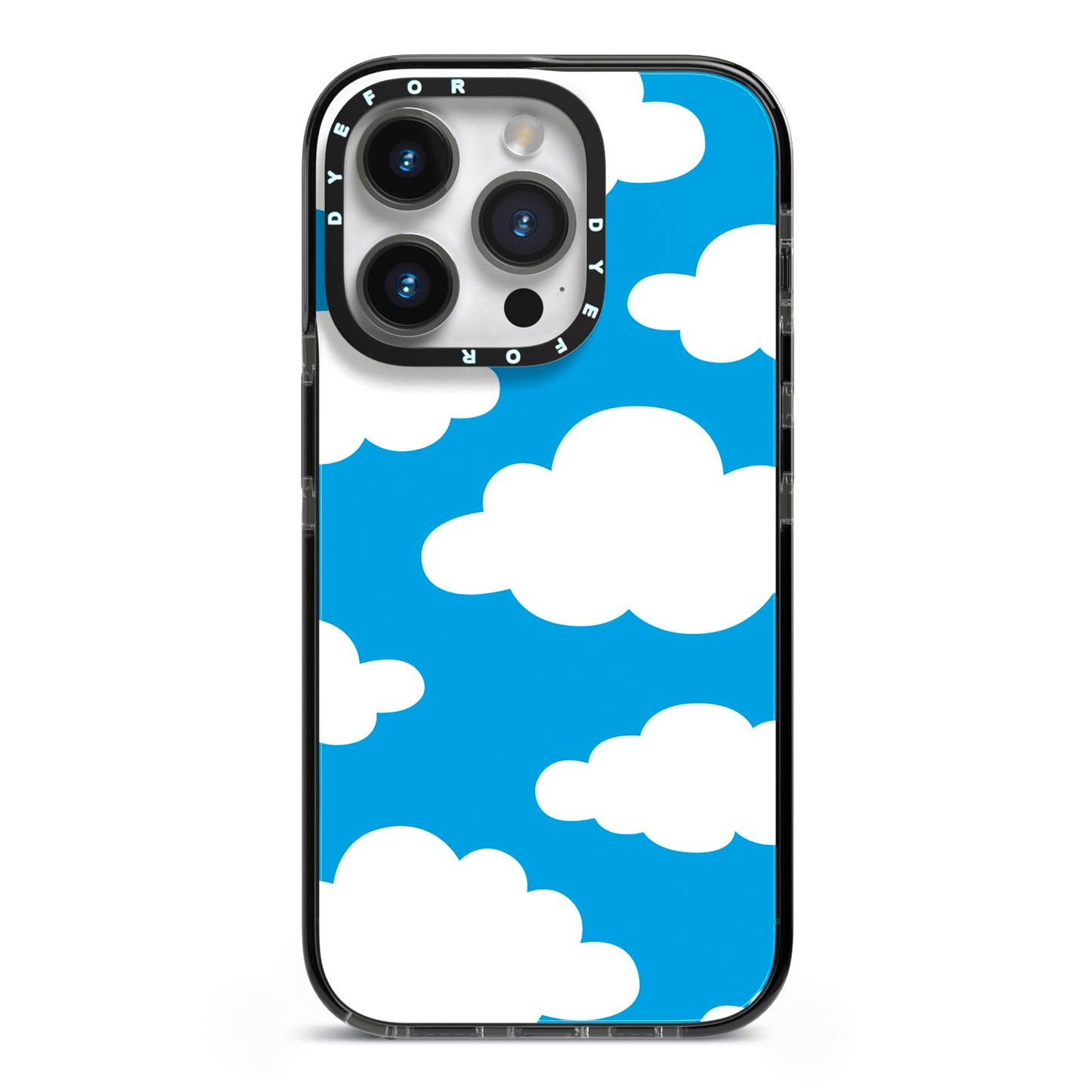 Cartoon Clouds and Blue Sky iPhone 14 Pro Black Impact Case on Silver phone