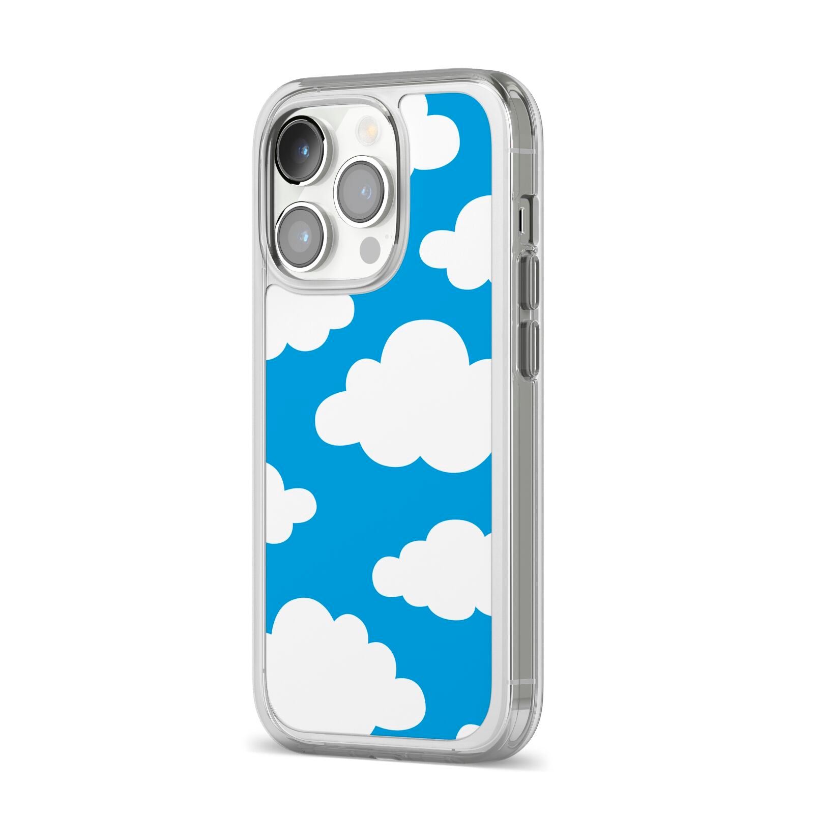 Cartoon Clouds and Blue Sky iPhone 14 Pro Clear Tough Case Silver Angled Image