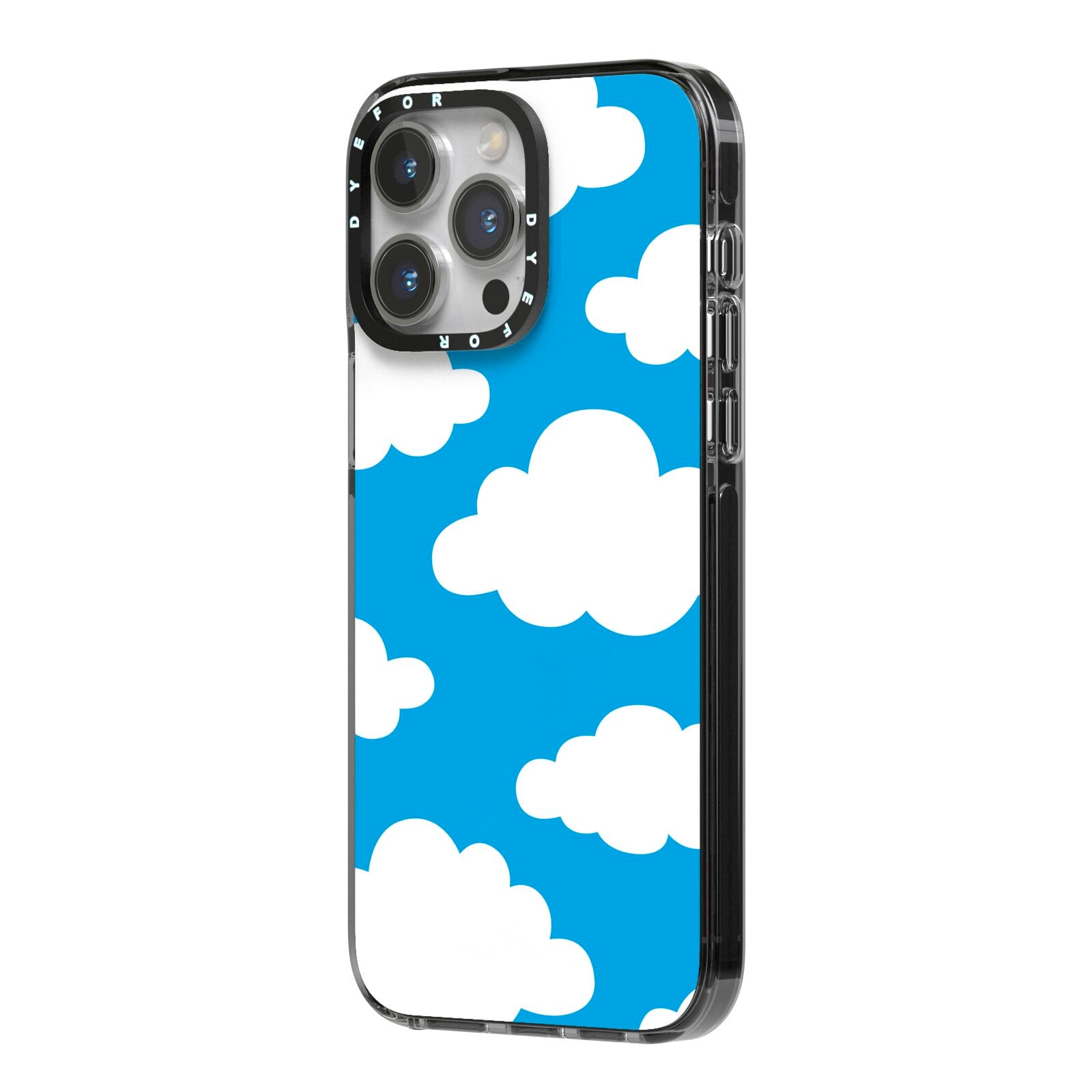 Cartoon Clouds and Blue Sky iPhone 14 Pro Max Black Impact Case Side Angle on Silver phone