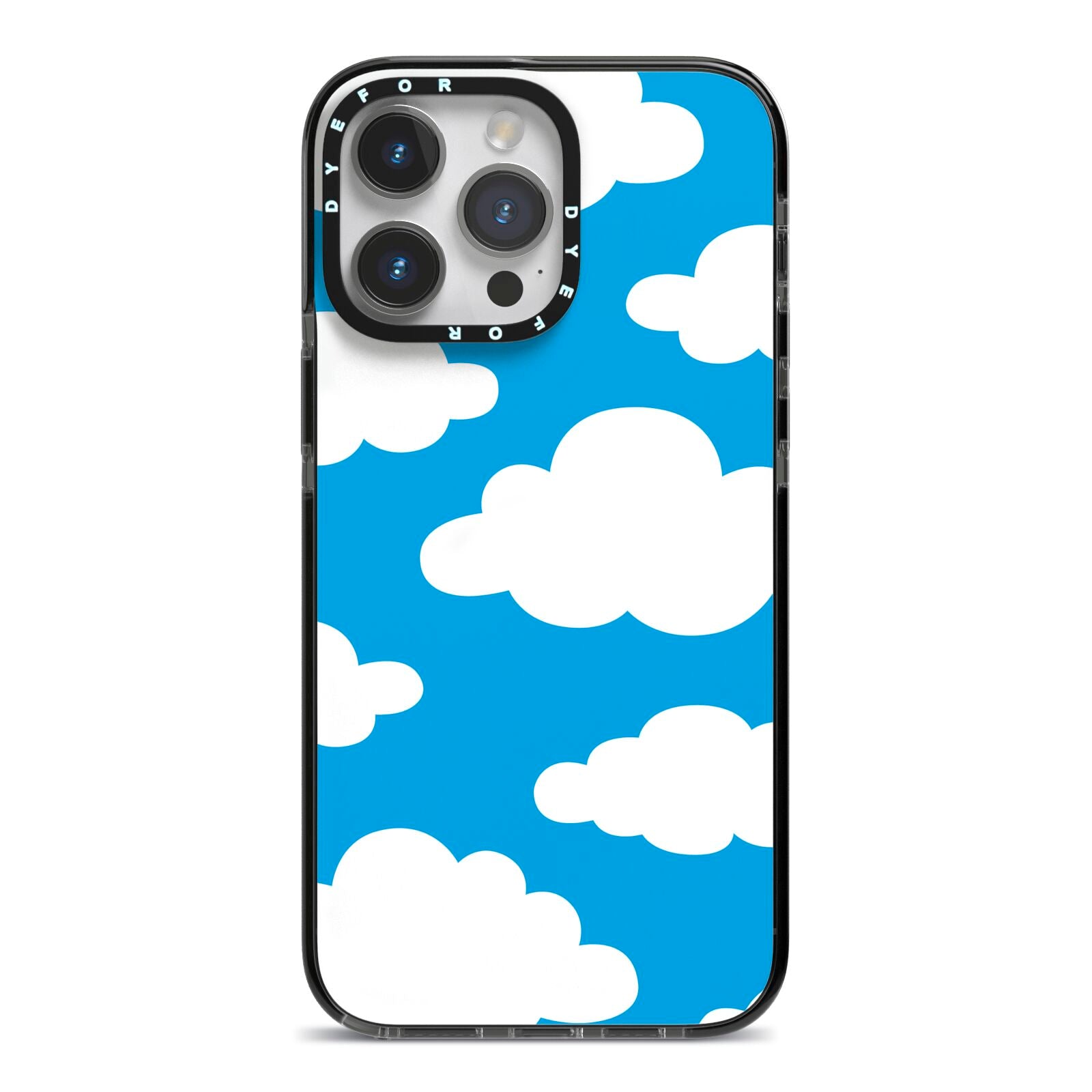 Cartoon Clouds and Blue Sky iPhone 14 Pro Max Black Impact Case on Silver phone