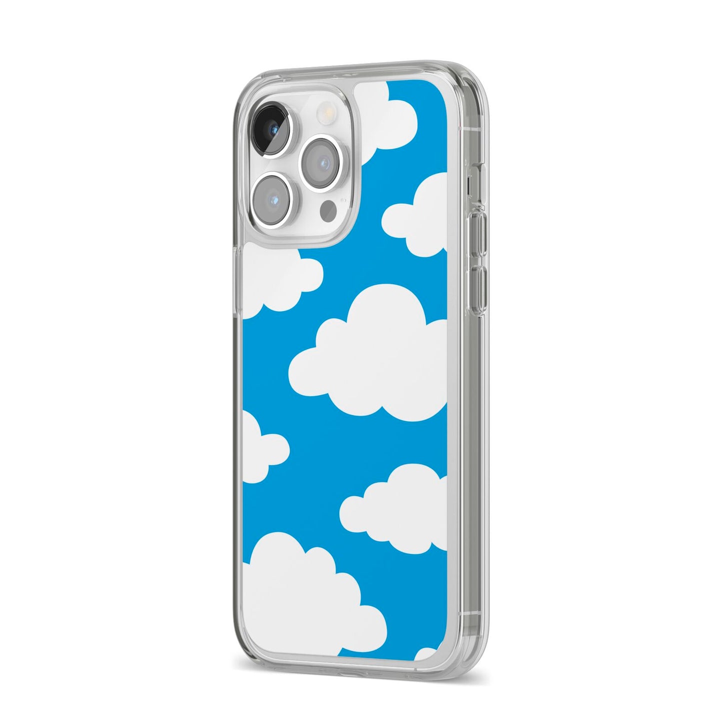 Cartoon Clouds and Blue Sky iPhone 14 Pro Max Clear Tough Case Silver Angled Image