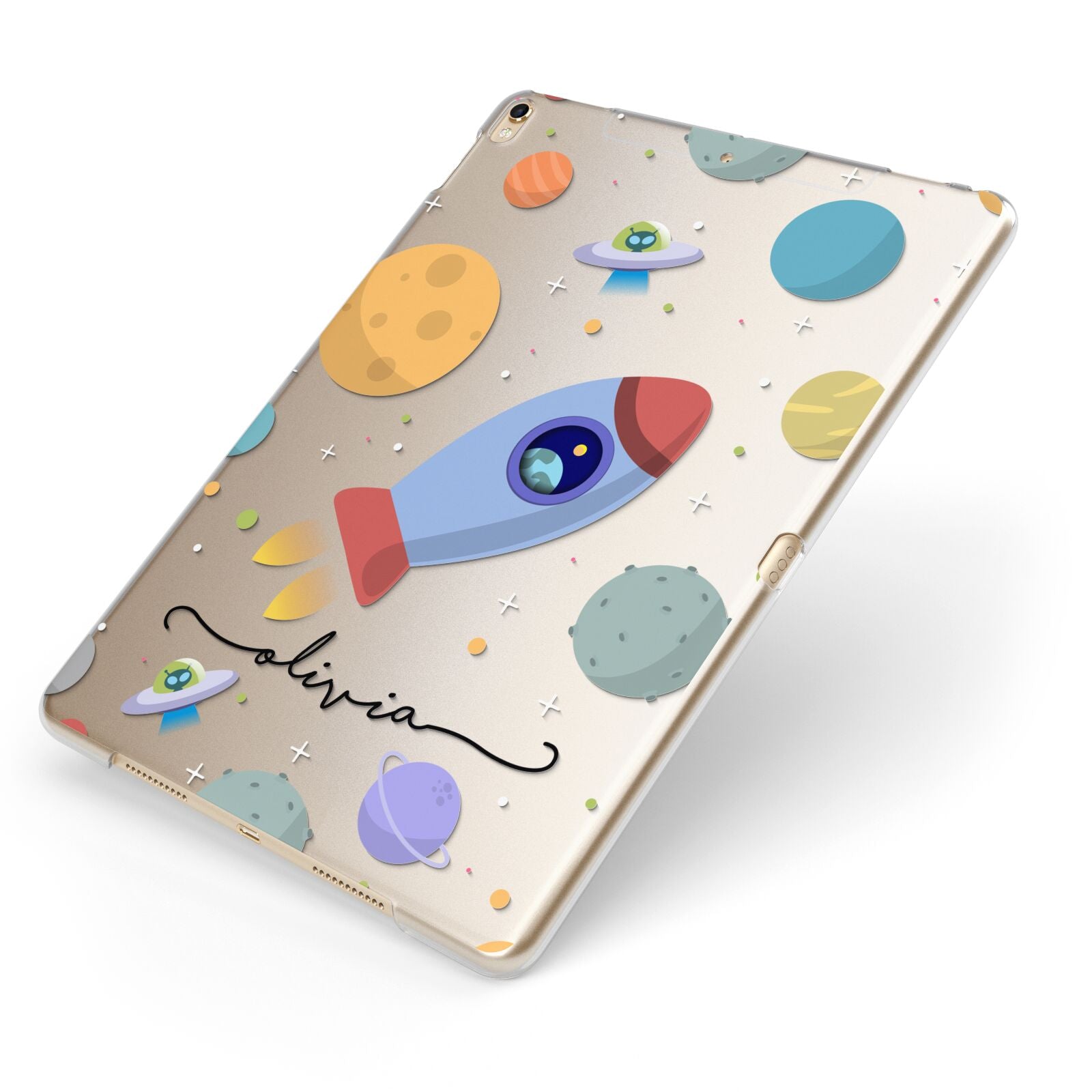 Cartoon Space Artwork with Name Apple iPad Case on Gold iPad Side View