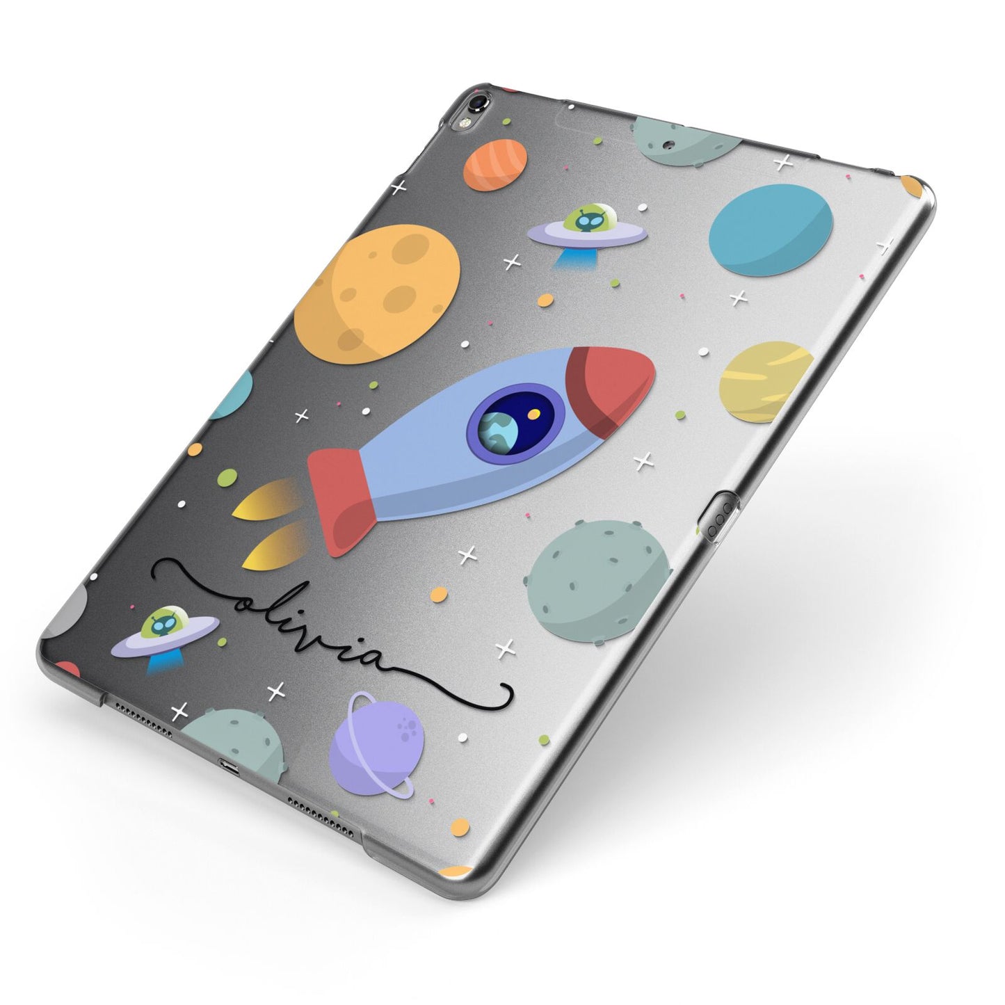 Cartoon Space Artwork with Name Apple iPad Case on Grey iPad Side View