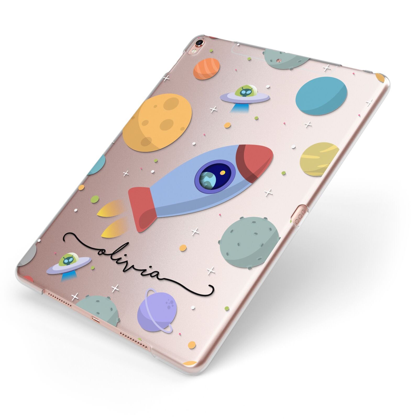 Cartoon Space Artwork with Name Apple iPad Case on Rose Gold iPad Side View