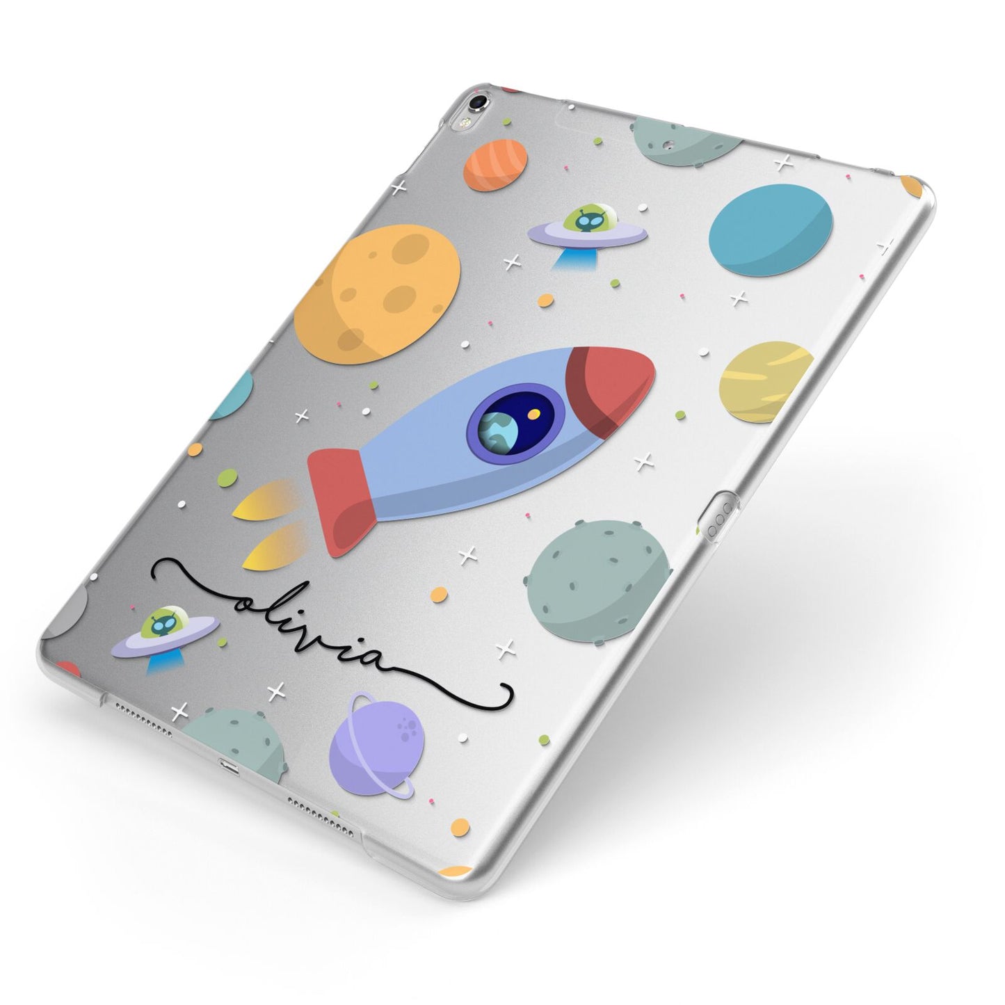 Cartoon Space Artwork with Name Apple iPad Case on Silver iPad Side View