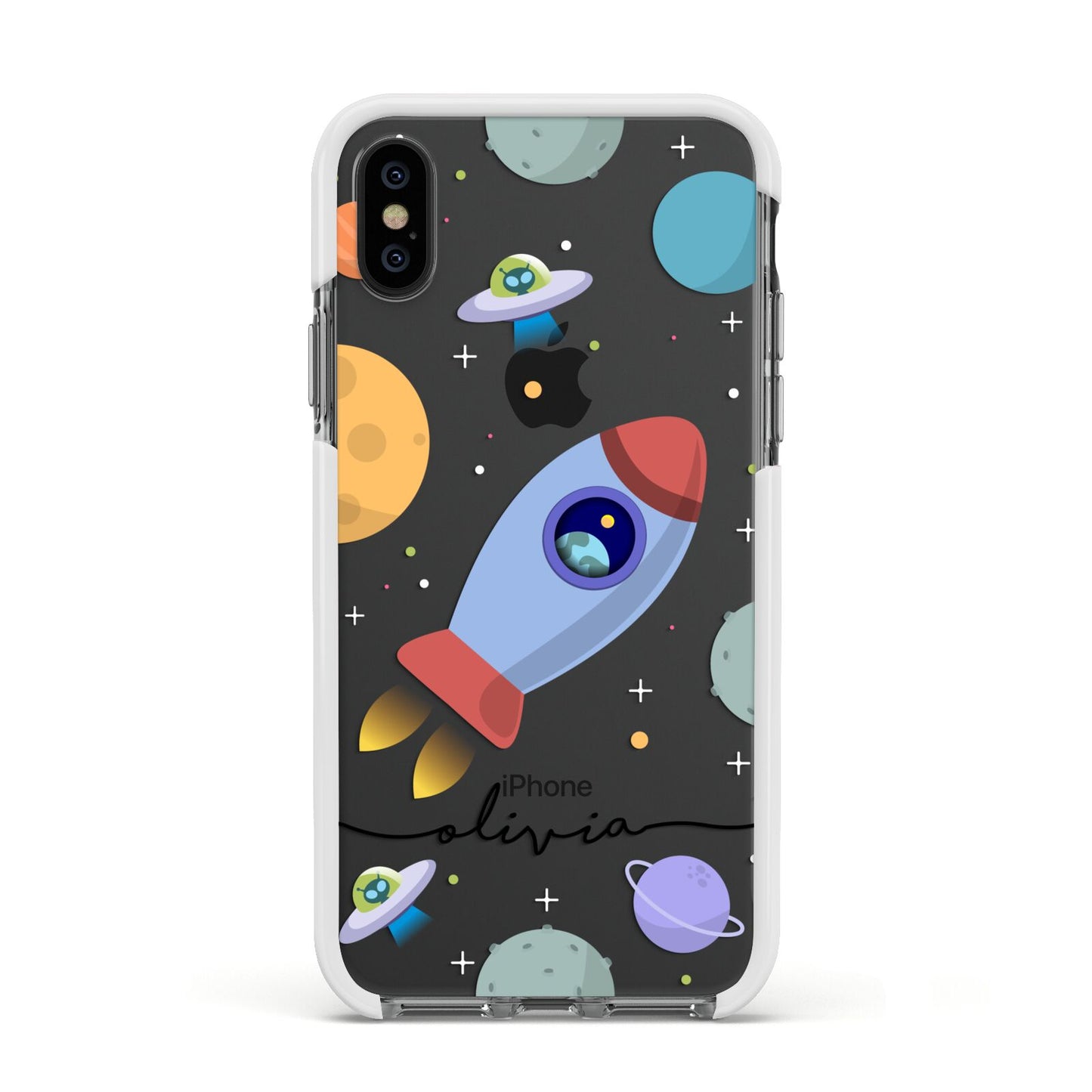 Cartoon Space Artwork with Name Apple iPhone Xs Impact Case White Edge on Black Phone