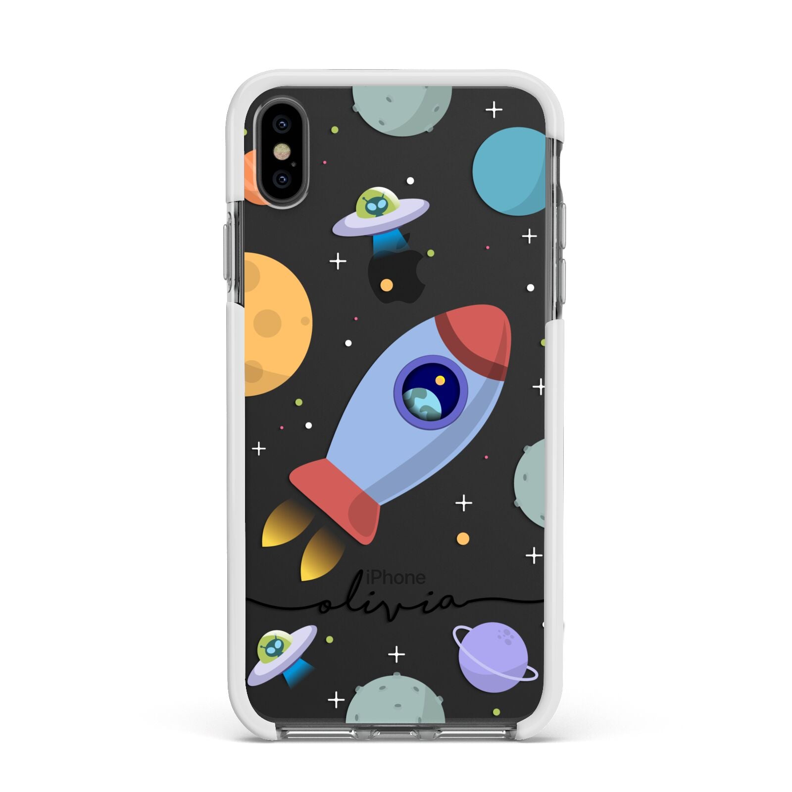 Cartoon Space Artwork with Name Apple iPhone Xs Max Impact Case White Edge on Black Phone