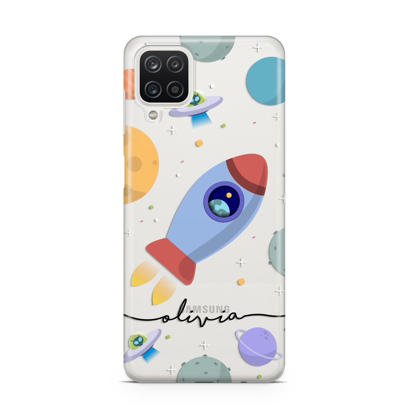 Cartoon Space Artwork with Name Samsung A12 Case