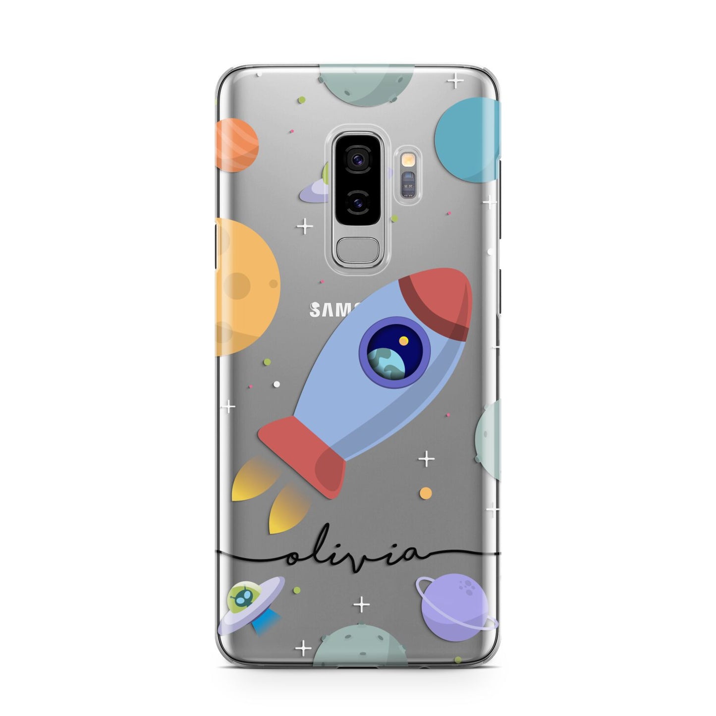 Cartoon Space Artwork with Name Samsung Galaxy S9 Plus Case on Silver phone