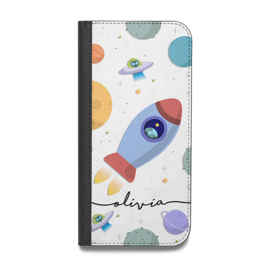 Cartoon Space Artwork with Name Vegan Leather Flip iPhone Case