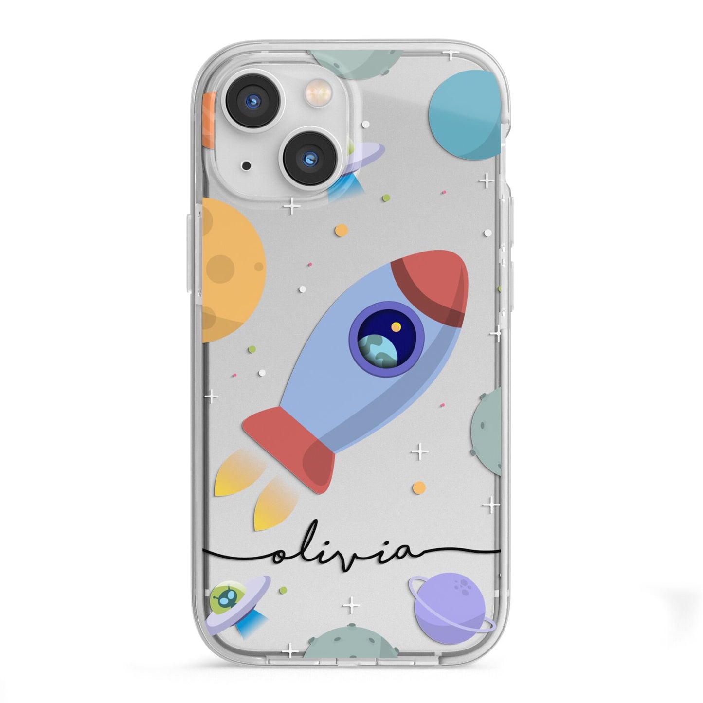 Cartoon Space Artwork with Name iPhone 13 Mini TPU Impact Case with White Edges