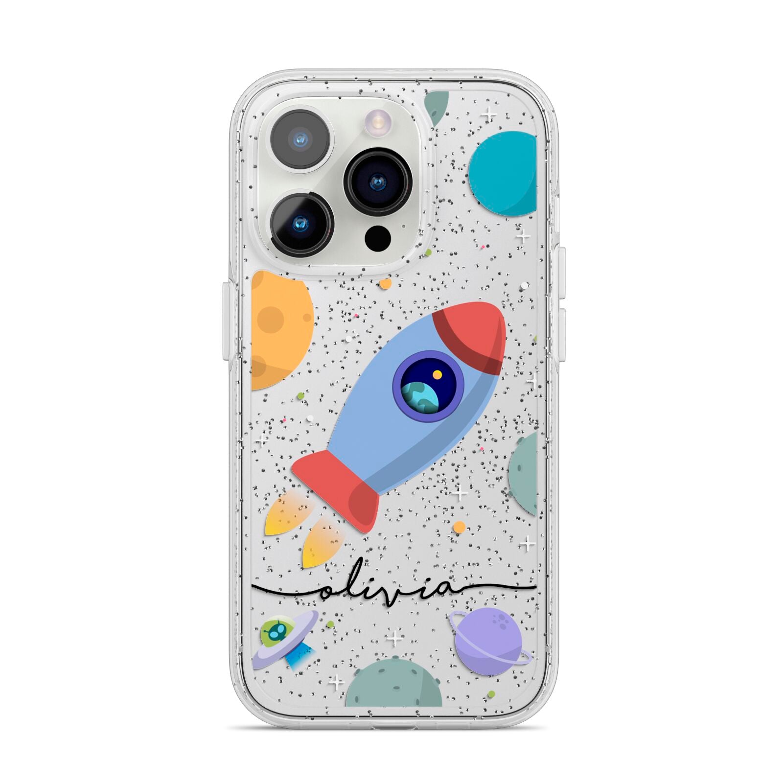 Cartoon Space Artwork with Name iPhone 14 Pro Glitter Tough Case Silver