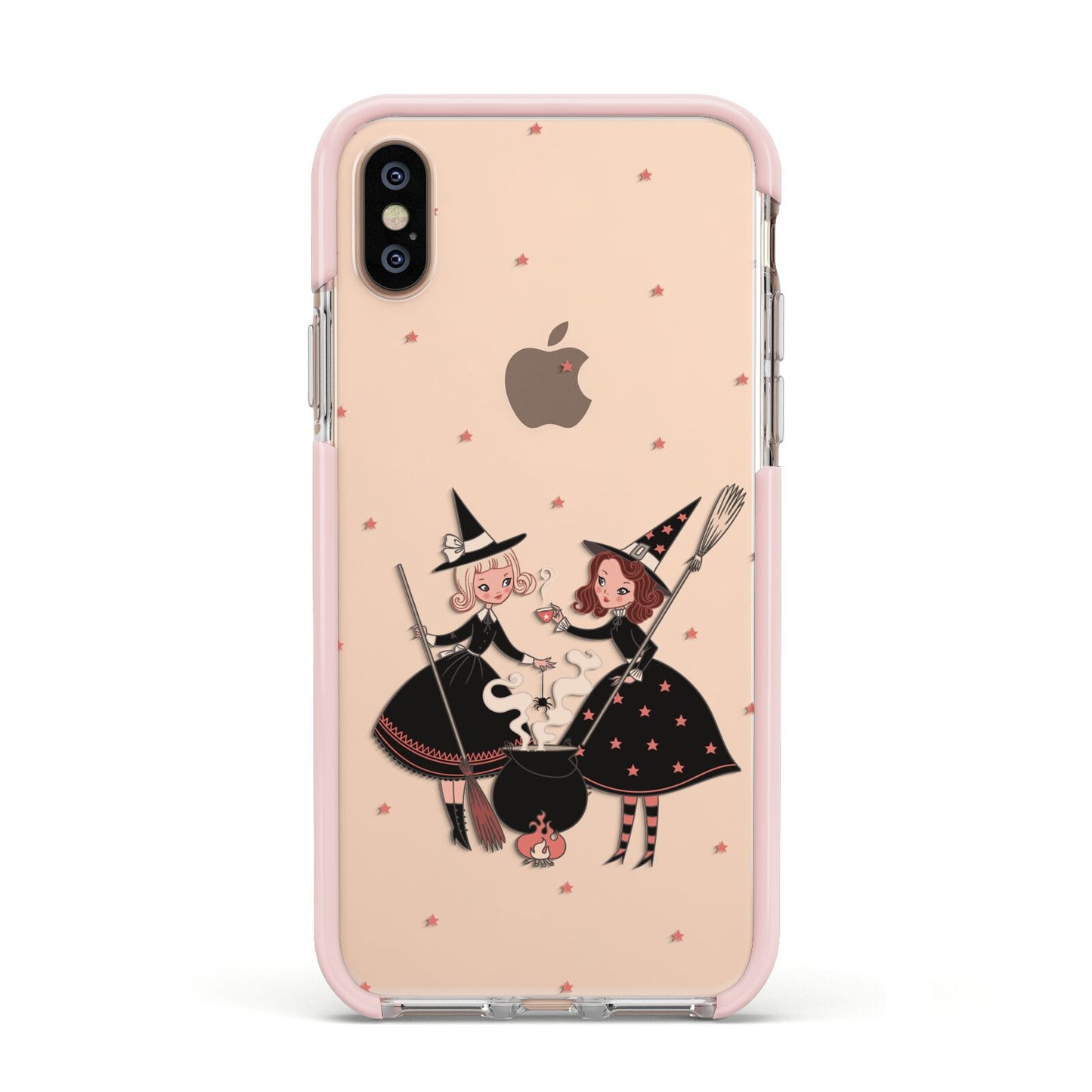 Cartoon Witch Girls Apple iPhone Xs Impact Case Pink Edge on Gold Phone