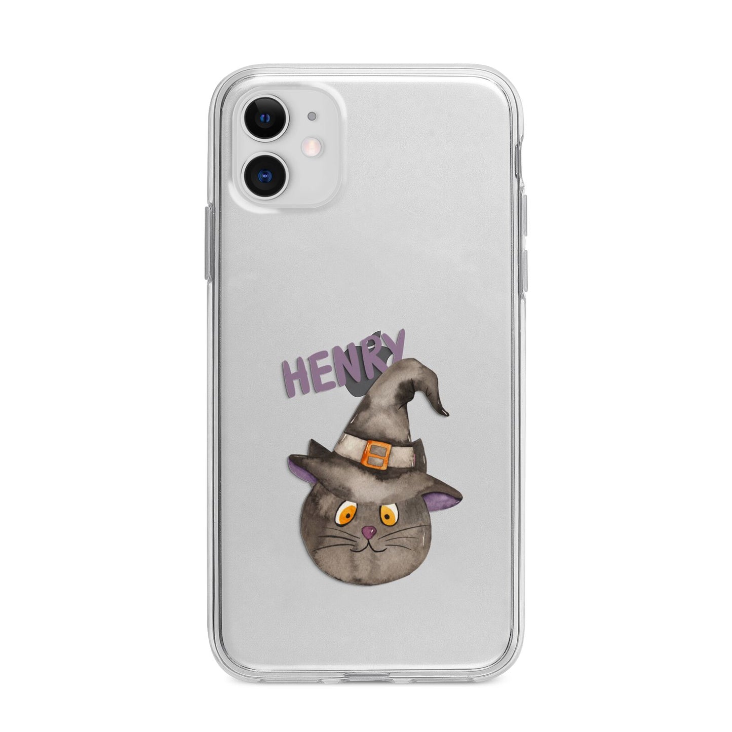 Cat in Witches Hat Custom Apple iPhone 11 in White with Bumper Case