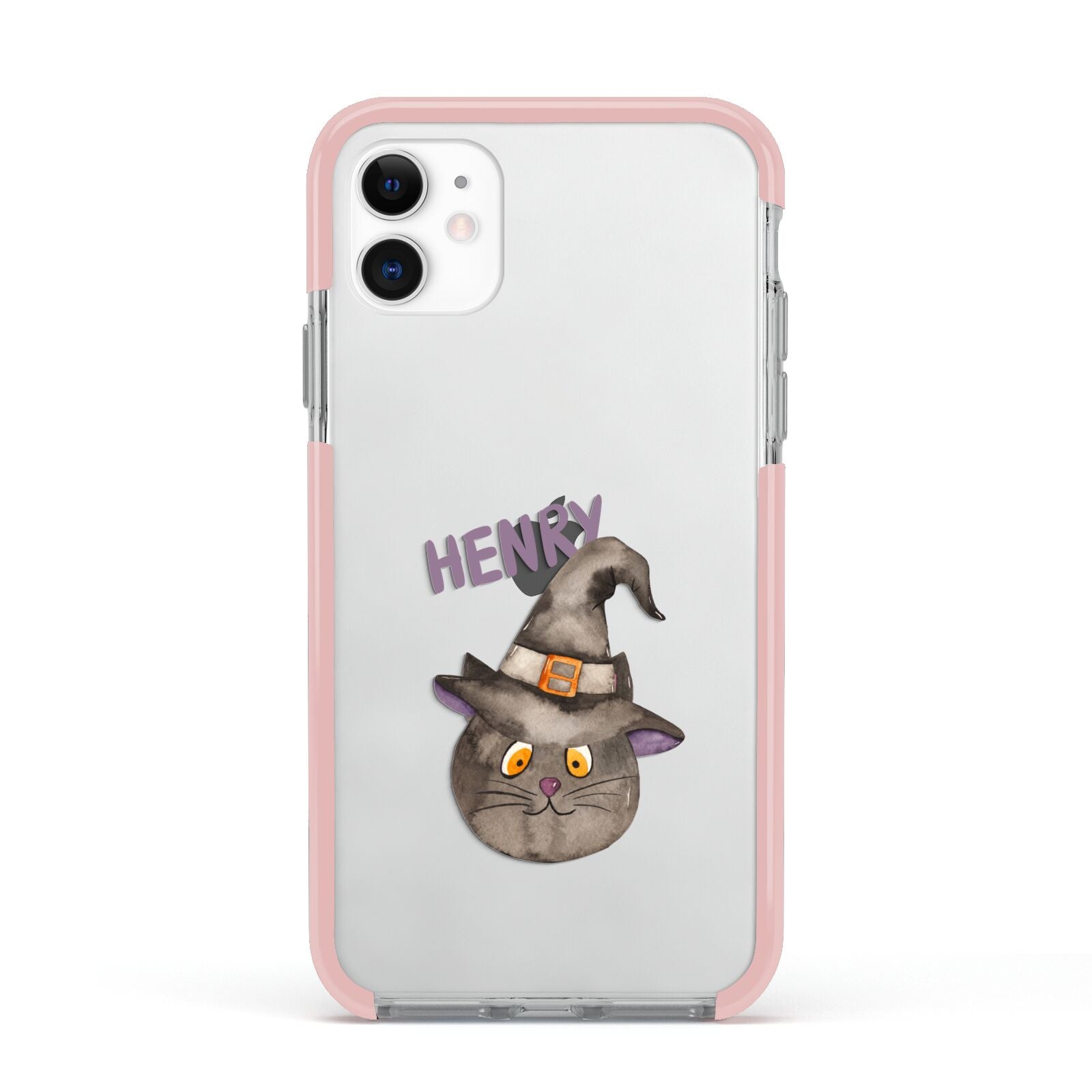 Cat in Witches Hat Custom Apple iPhone 11 in White with Pink Impact Case