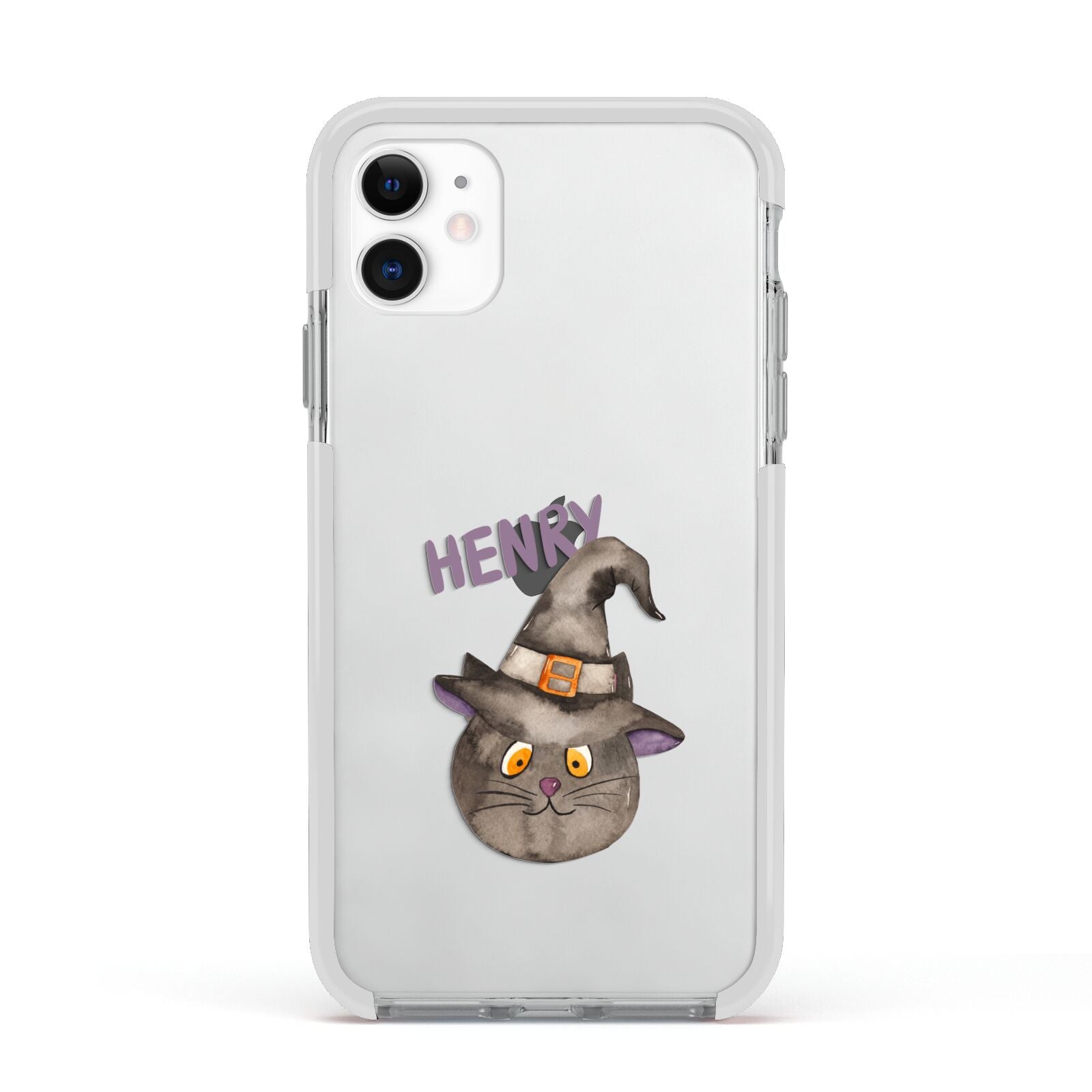 Cat in Witches Hat Custom Apple iPhone 11 in White with White Impact Case