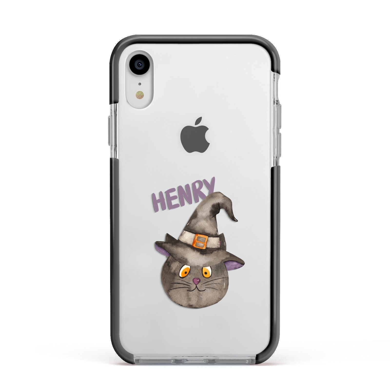 Cat in Witches Hat Custom Apple iPhone XR Impact Case Black Edge on Silver Phone