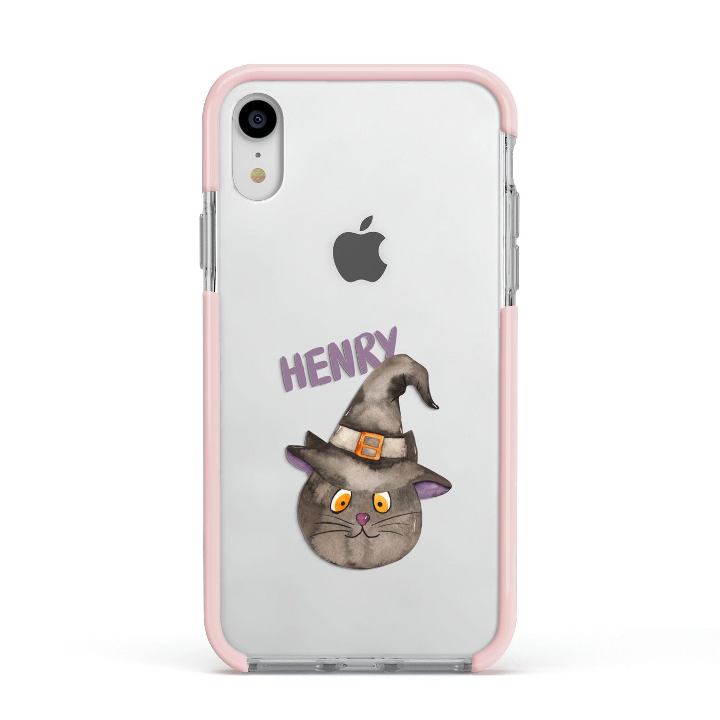 Cat in Witches Hat Custom Apple iPhone XR Impact Case Pink Edge on Silver Phone